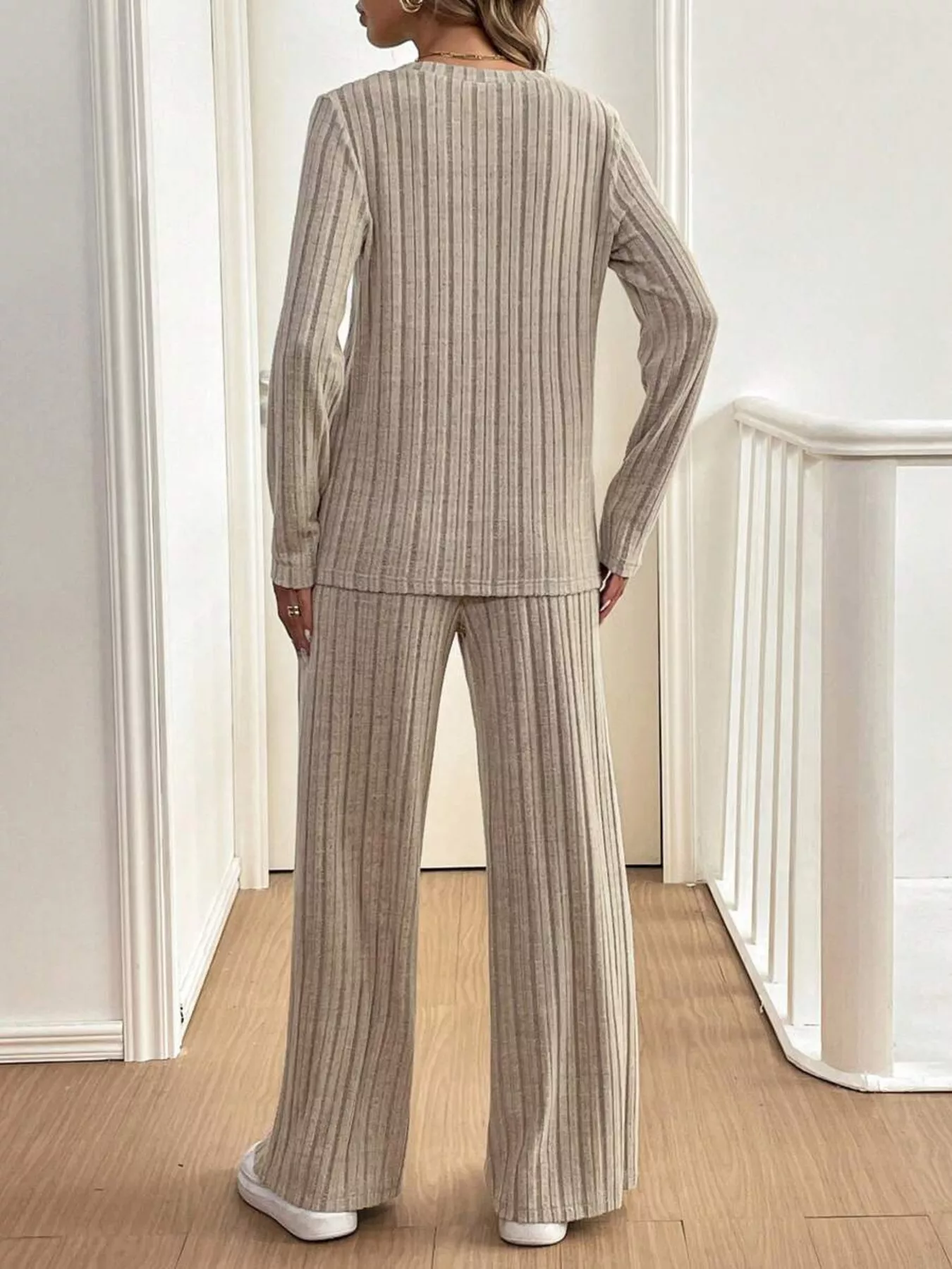 Button Detail Long Sleeve Top and Pants Set - Image 3