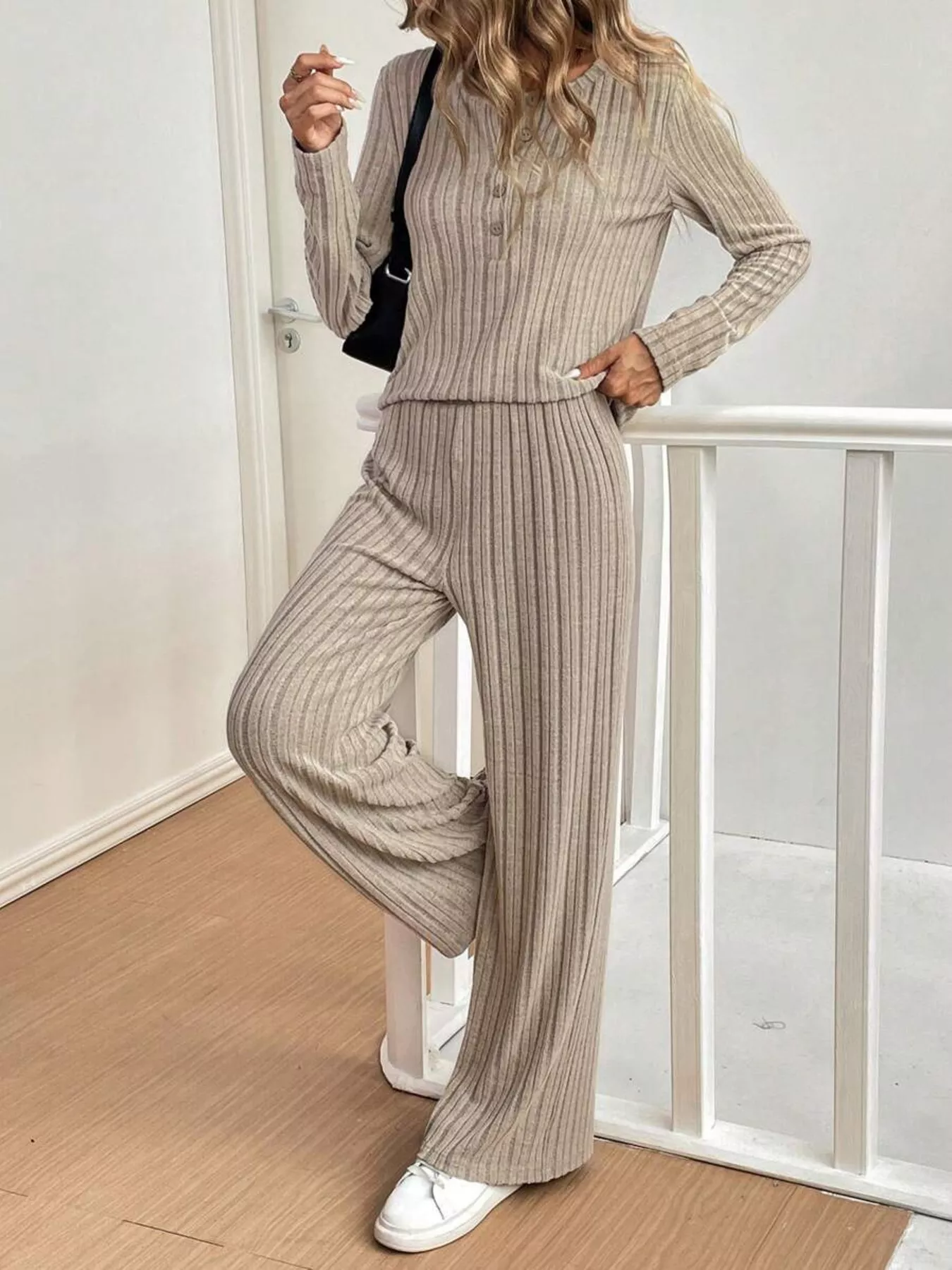 Button Detail Long Sleeve Top and Pants Set - Image 4
