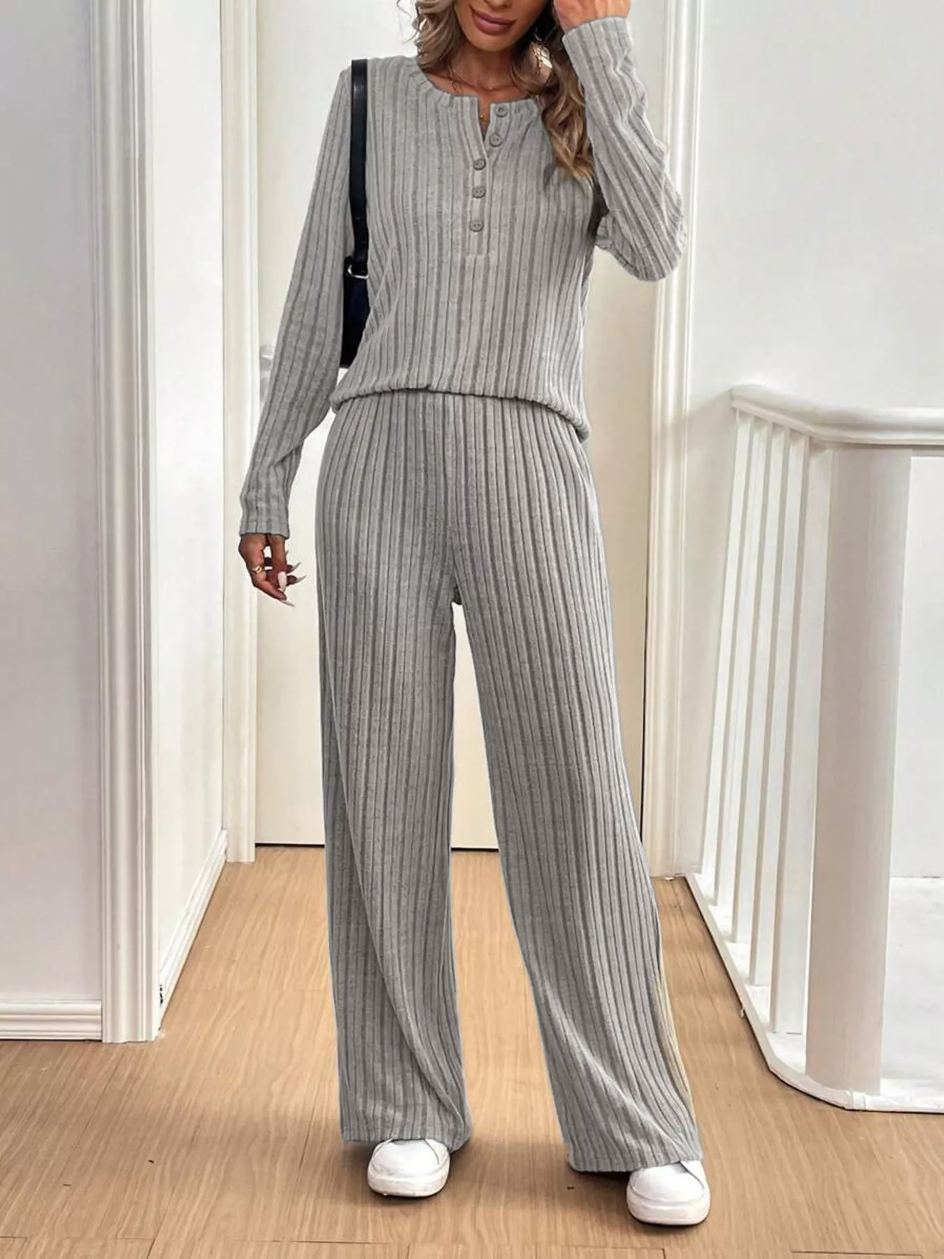 Button Detail Long Sleeve Top and Pants Set - Image 5