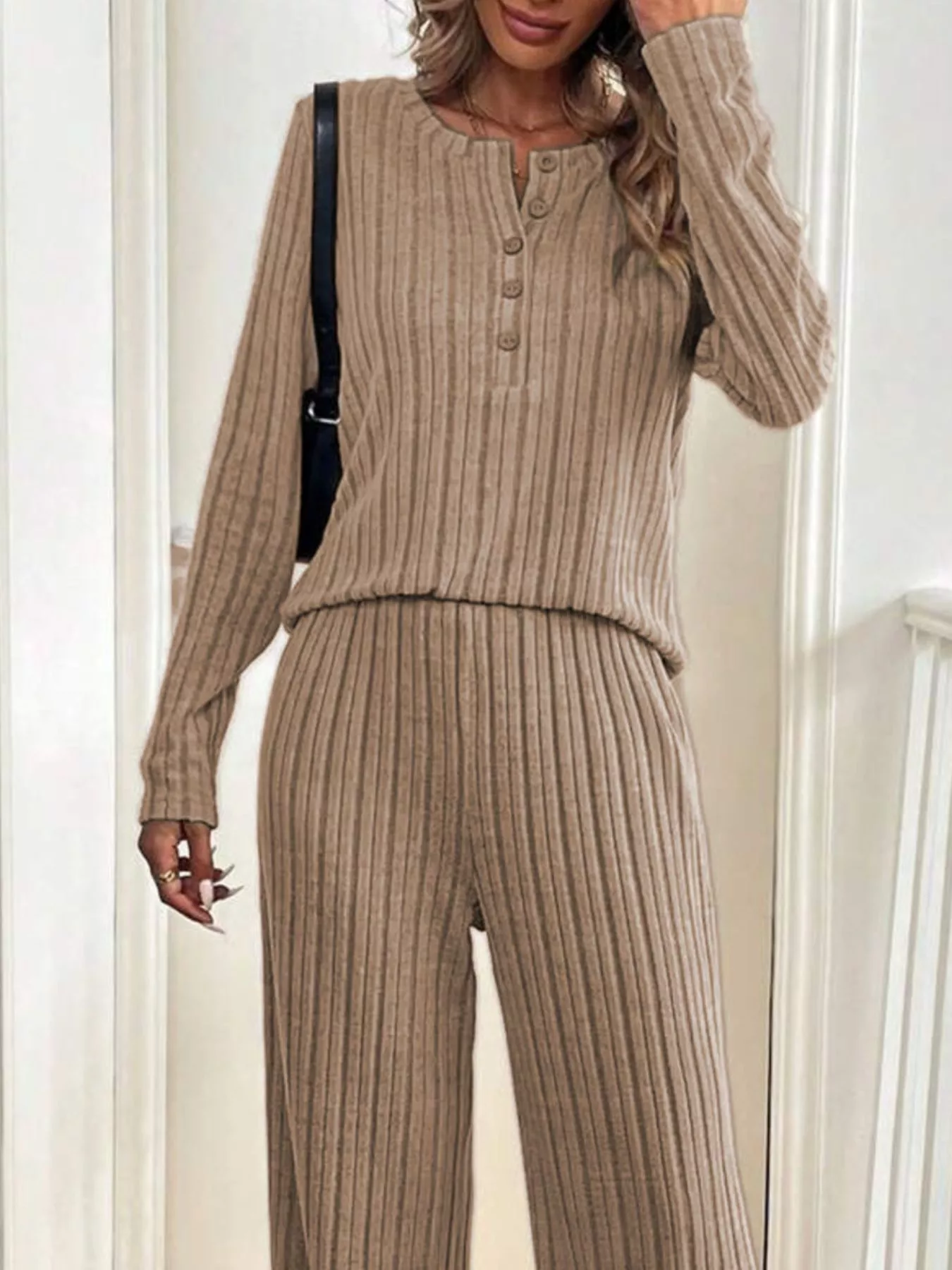 Button Detail Long Sleeve Top and Pants Set - Image 9