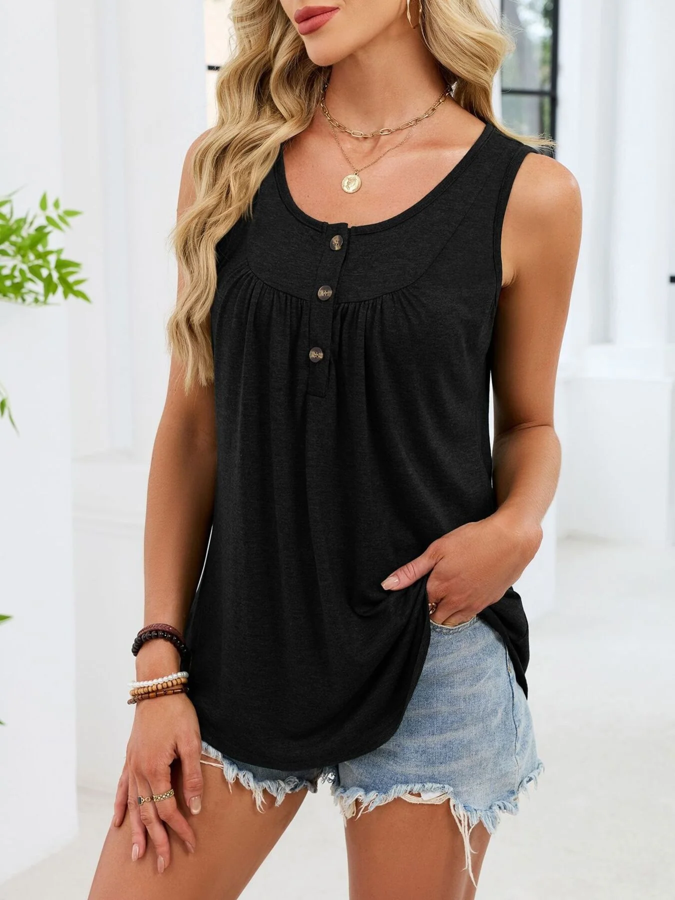Button Detail Round Neck Tank - Image 7