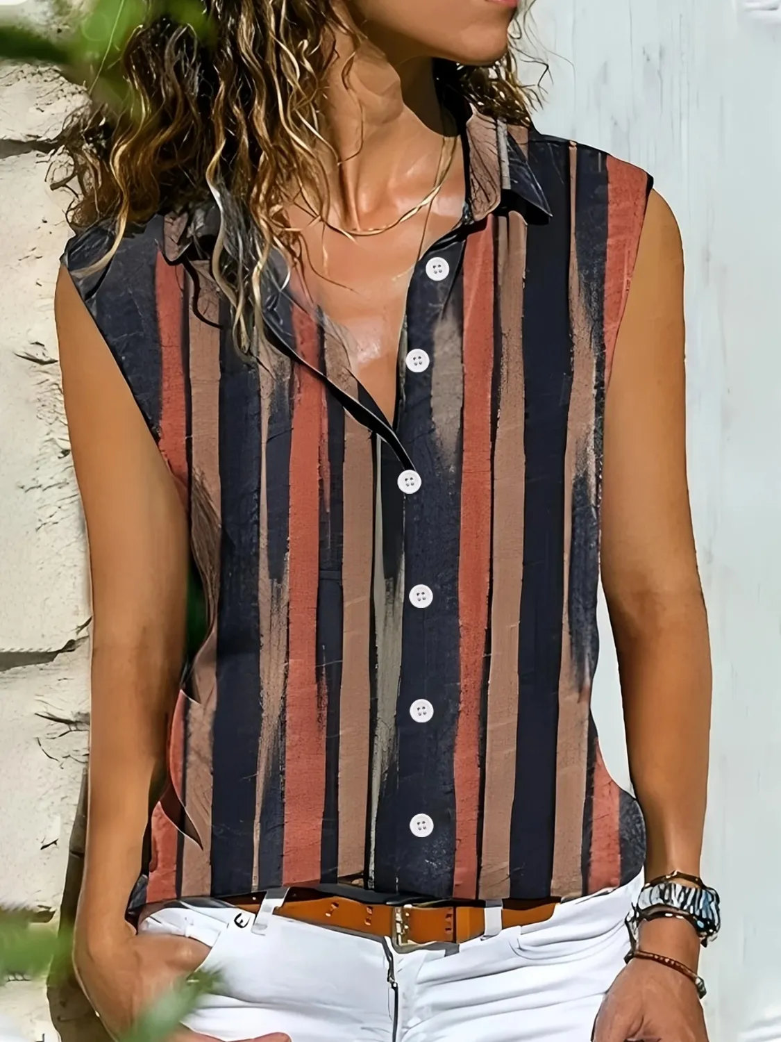 Button Detail Striped Sleeveless Shirt - Image 7