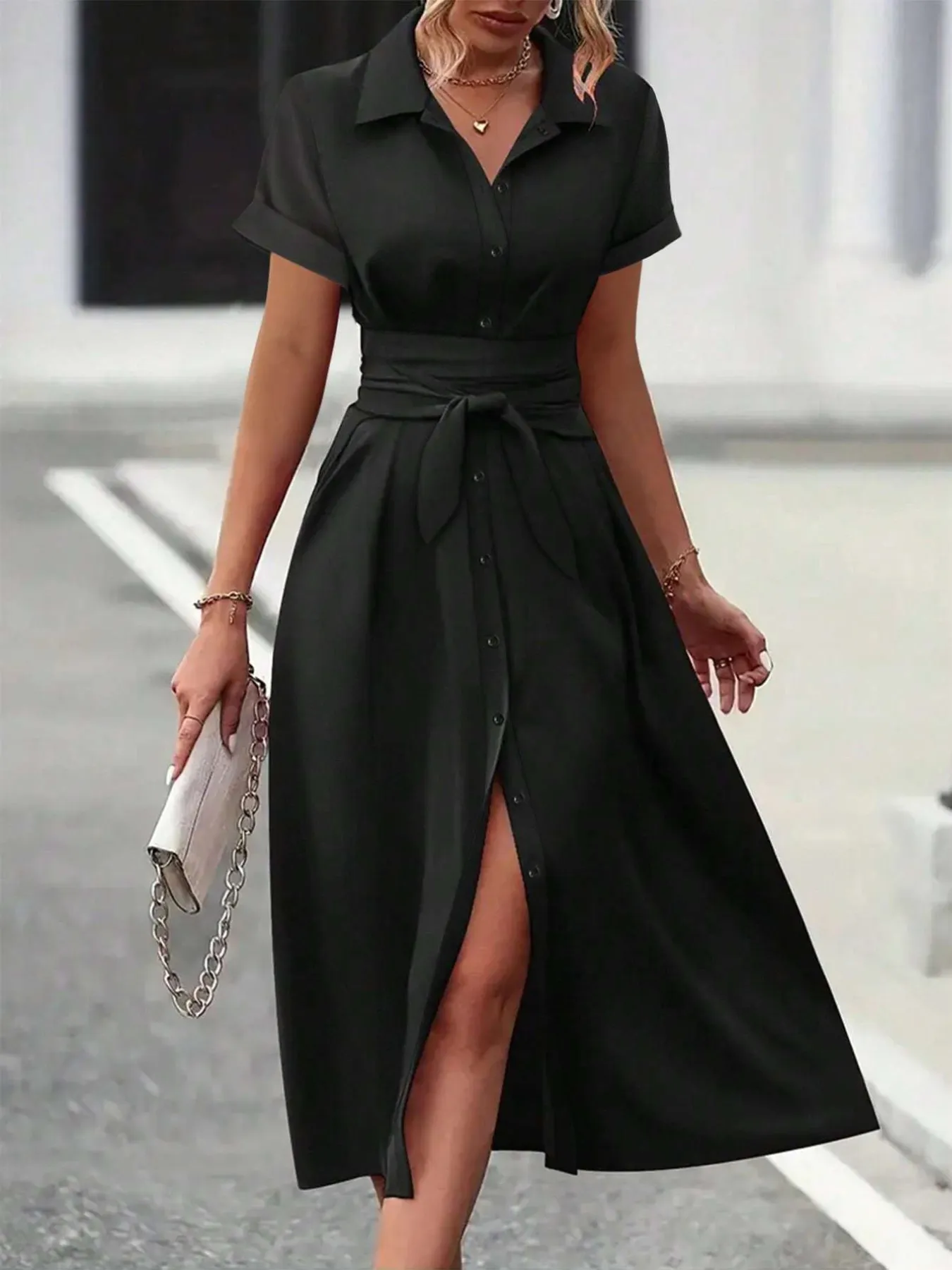 Button Down Belted Midi Shirt Dress - Image 2