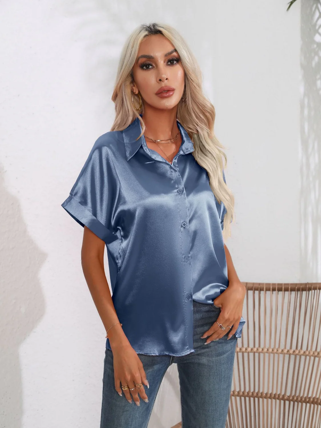 Button Down Collared Neck Short Sleeve Satin Shirt - Image 12