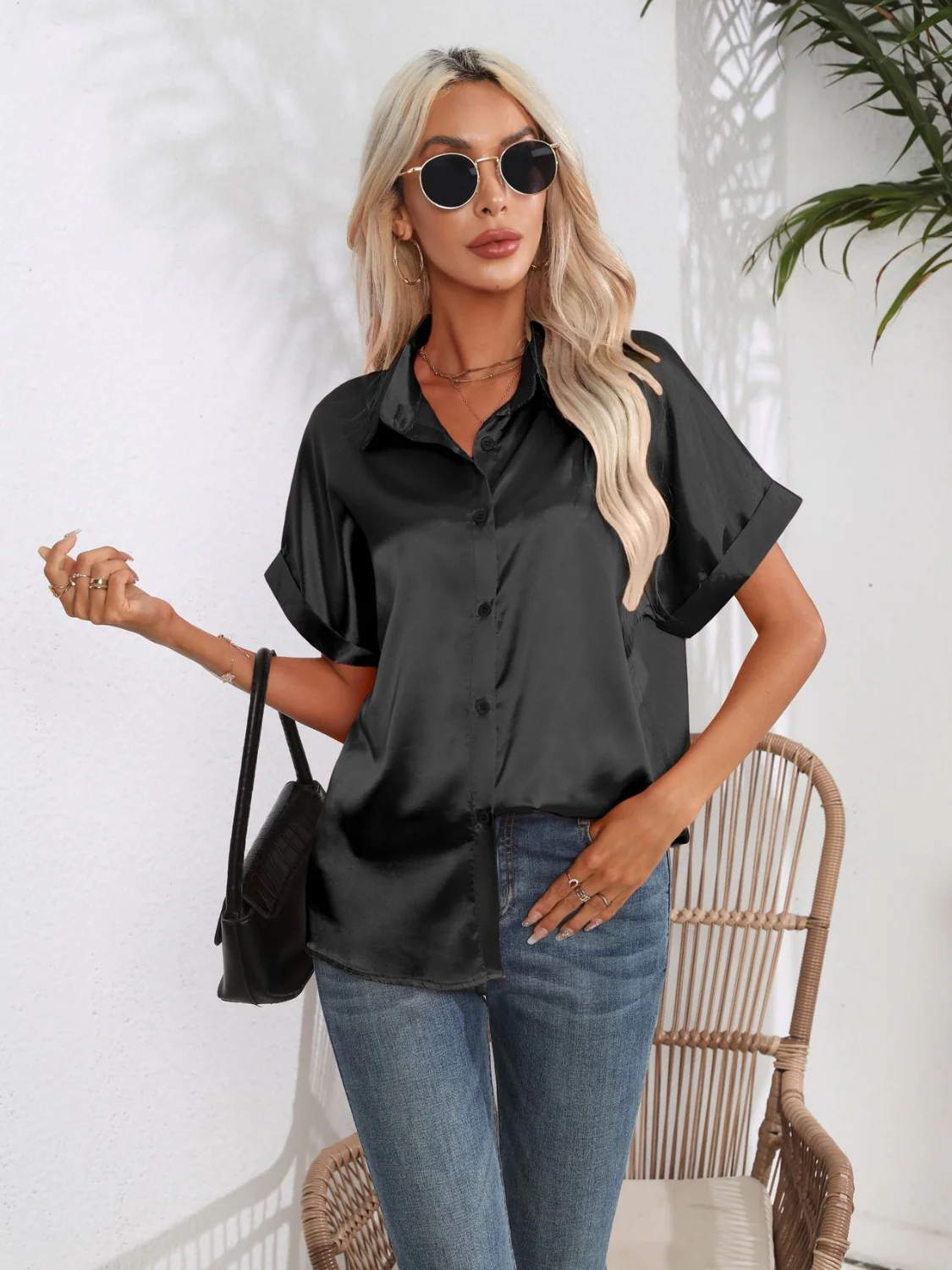 Button Down Collared Neck Short Sleeve Satin Shirt - Image 16