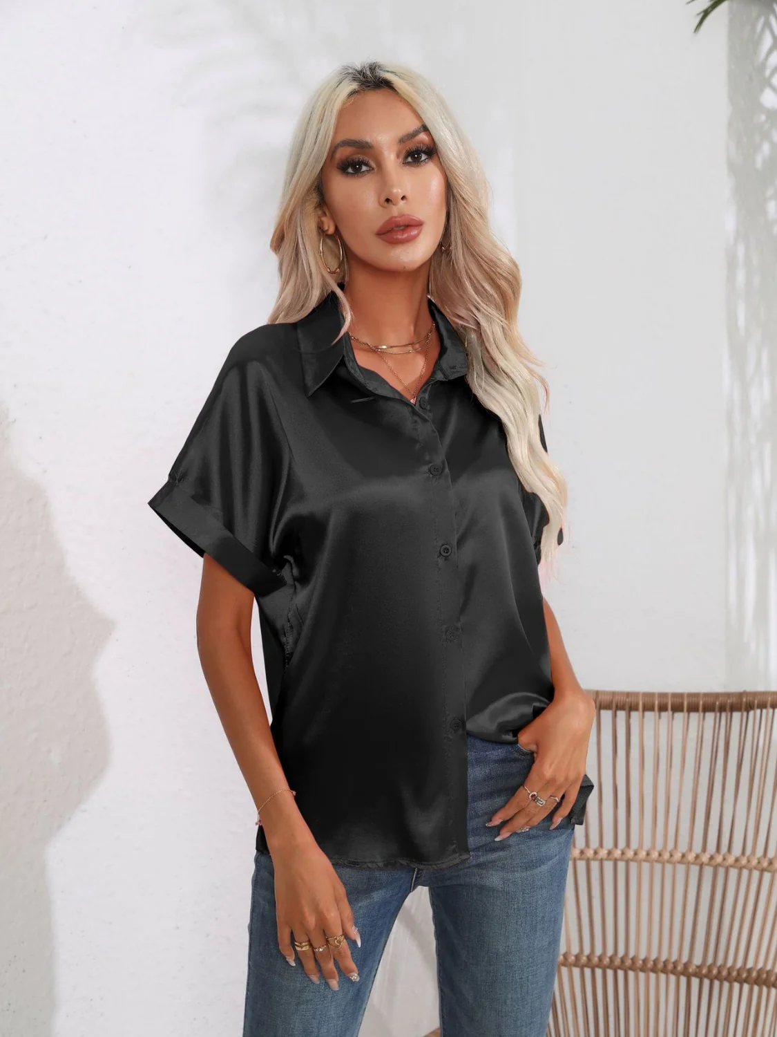 Button Down Collared Neck Short Sleeve Satin Shirt - Image 17