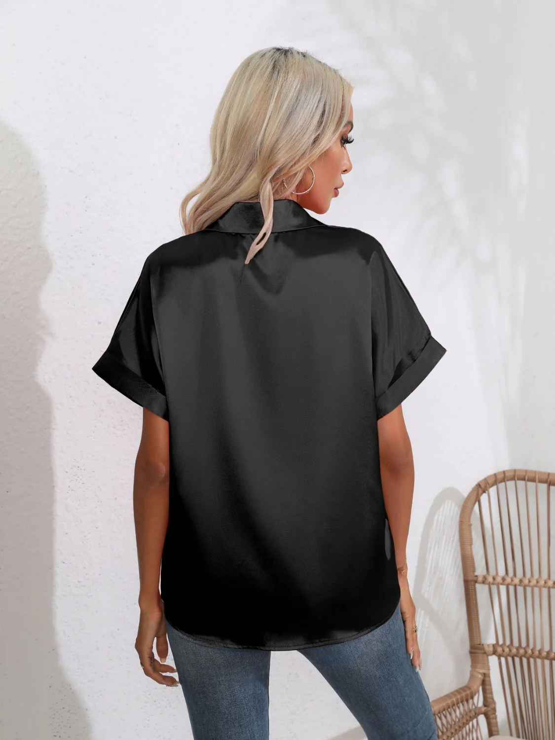Button Down Collared Neck Short Sleeve Satin Shirt - Image 20
