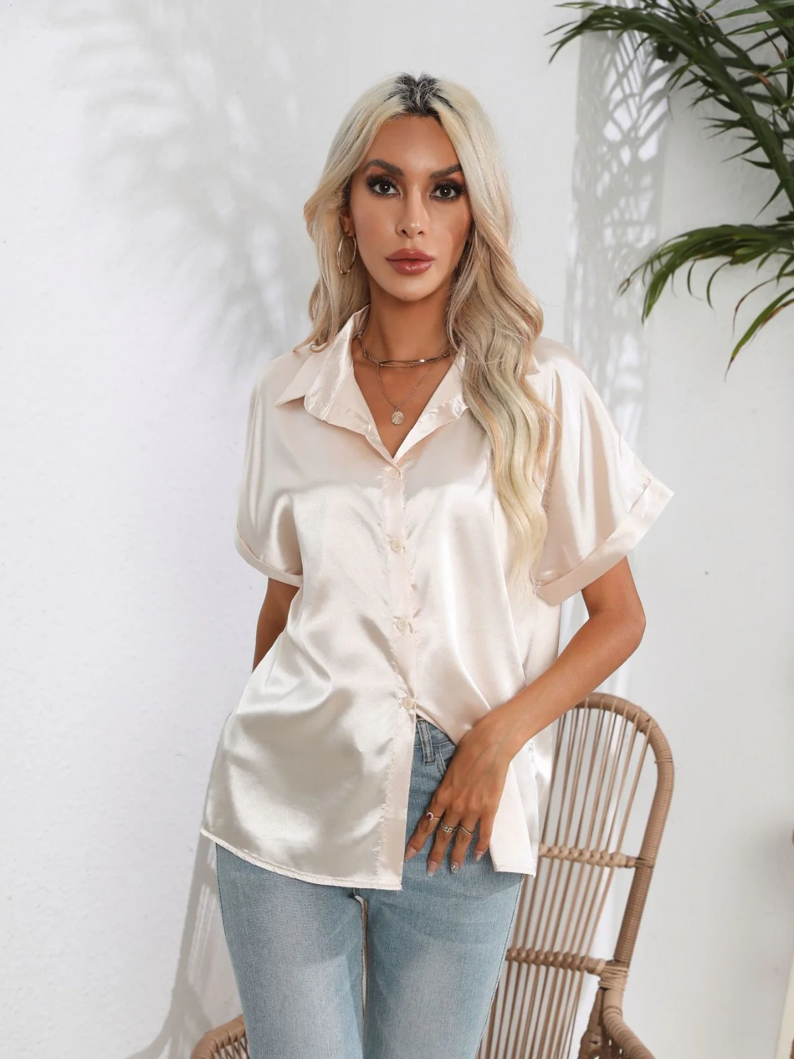 Button Down Collared Neck Short Sleeve Satin Shirt - Image 22