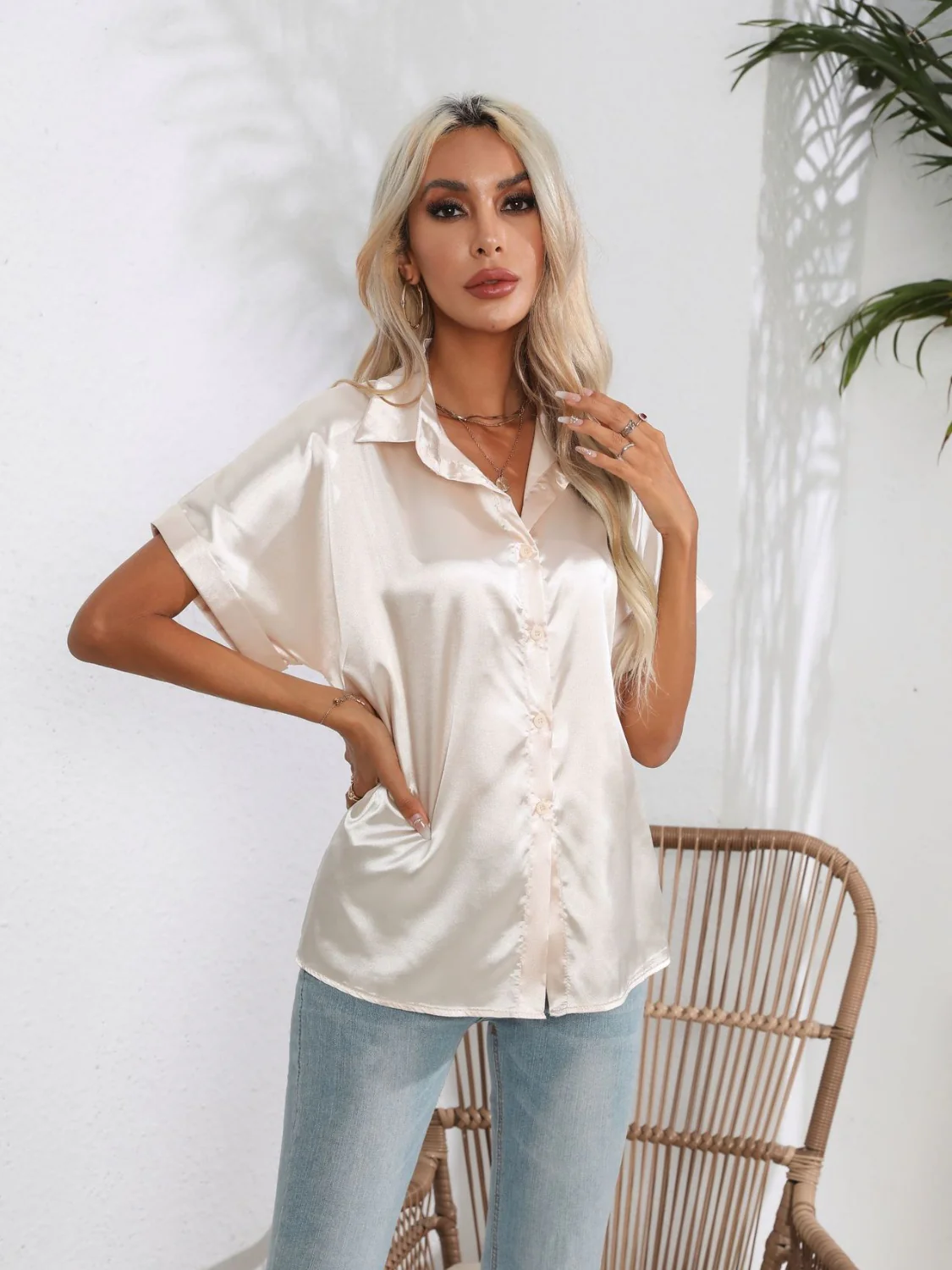 Button Down Collared Neck Short Sleeve Satin Shirt - Image 25