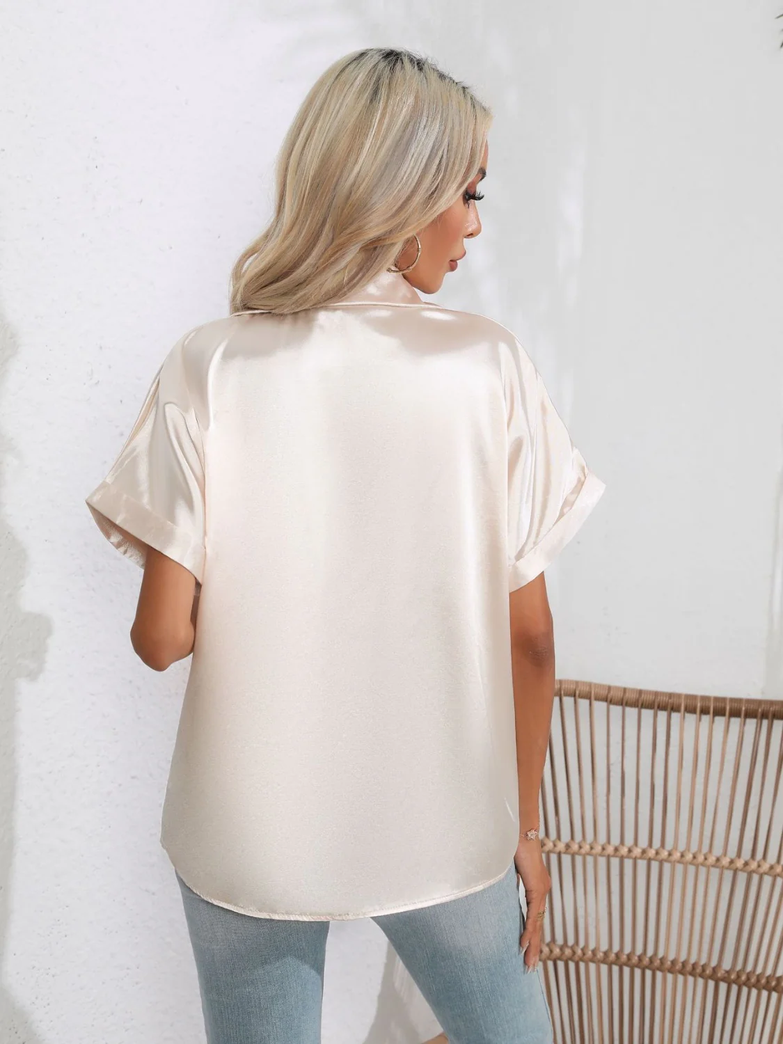 Button Down Collared Neck Short Sleeve Satin Shirt - Image 28