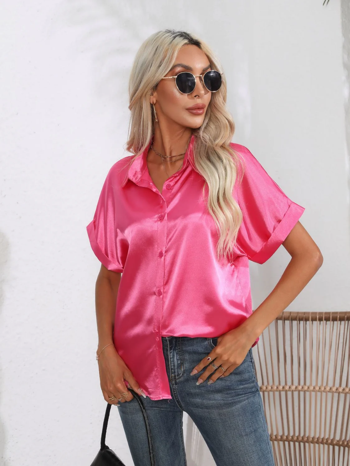 Button Down Collared Neck Short Sleeve Satin Shirt - Image 3