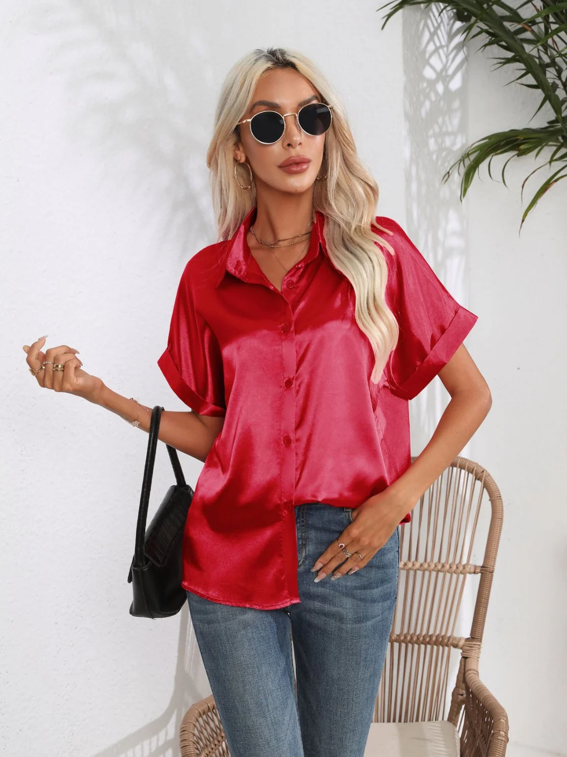 Button Down Collared Neck Short Sleeve Satin Shirt - Image 31