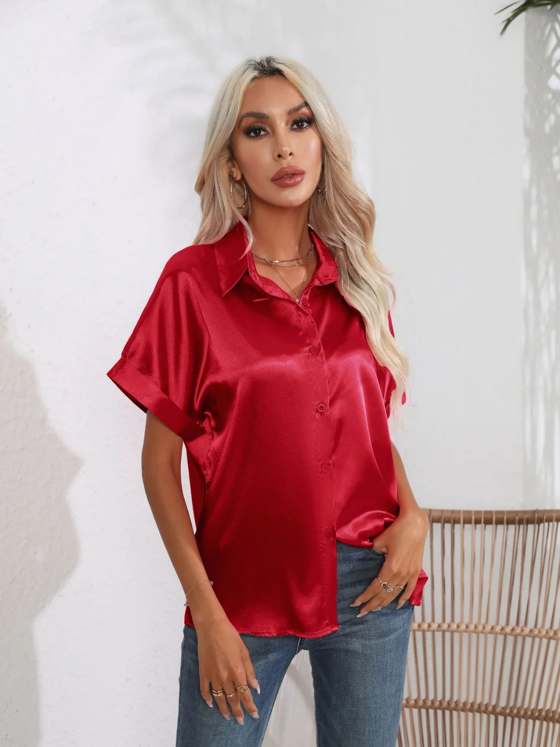 Button Down Collared Neck Short Sleeve Satin Shirt - Image 32