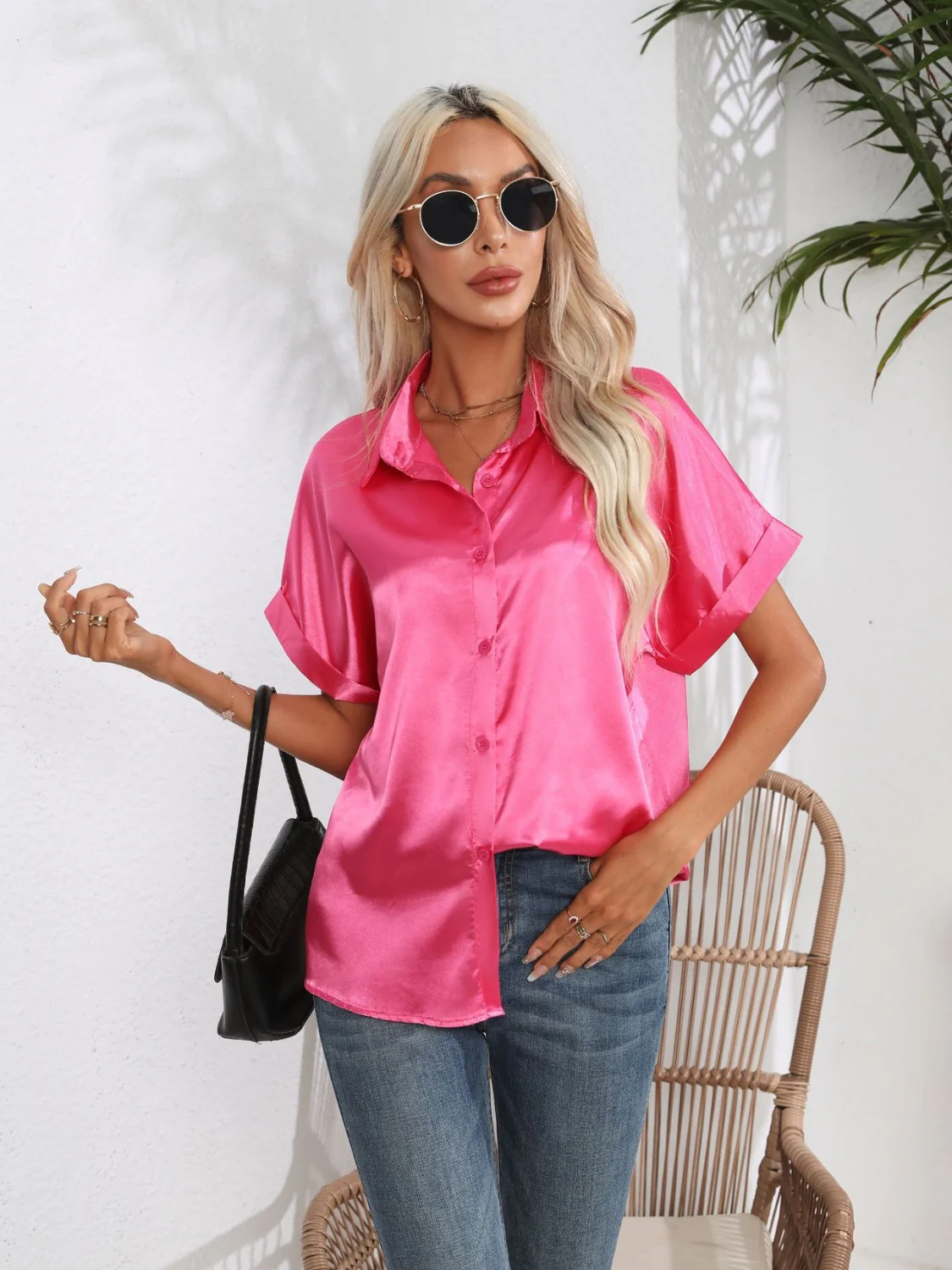 Button Down Collared Neck Short Sleeve Satin Shirt - Image 4