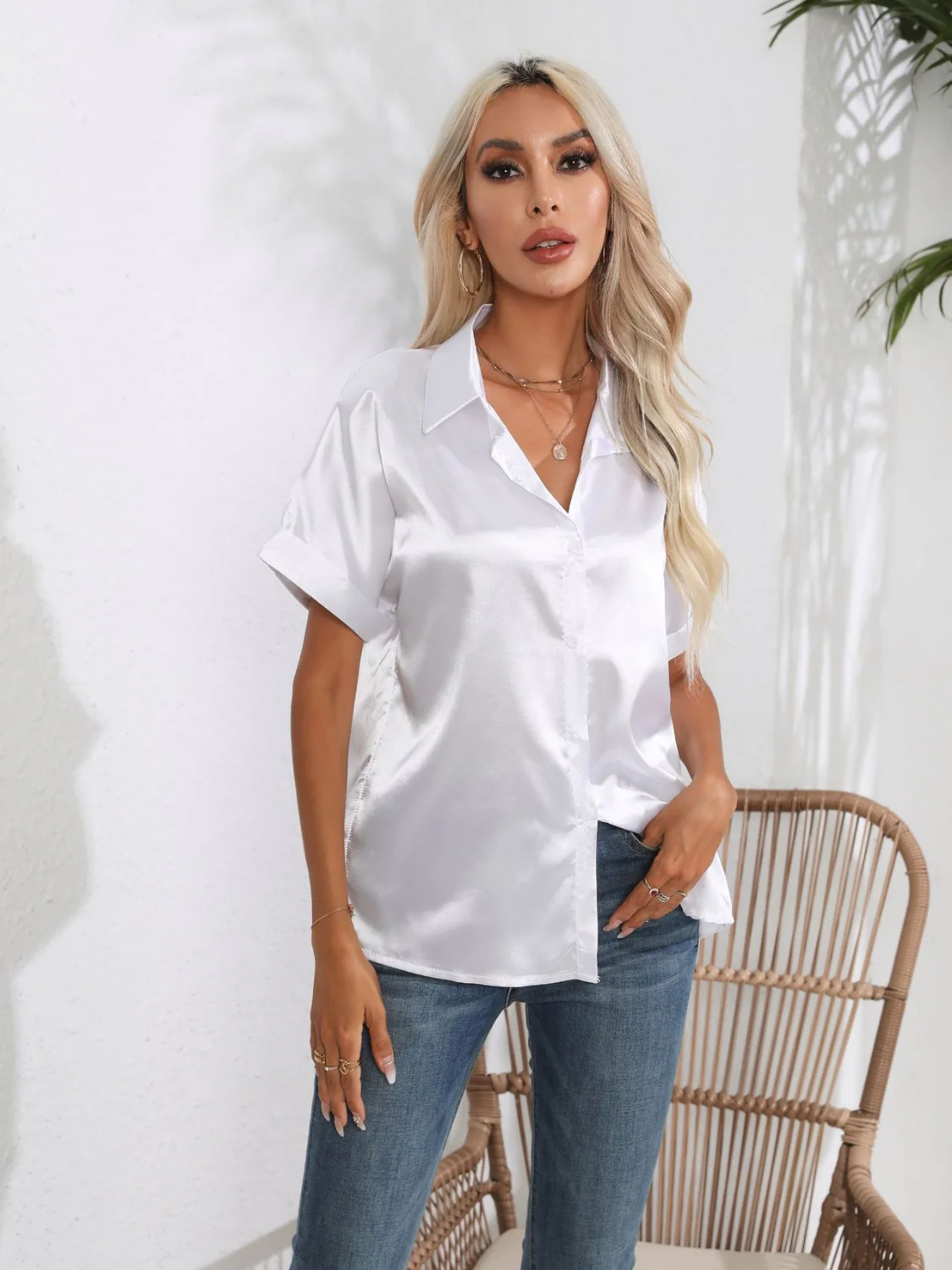 Button Down Collared Neck Short Sleeve Satin Shirt - Image 7