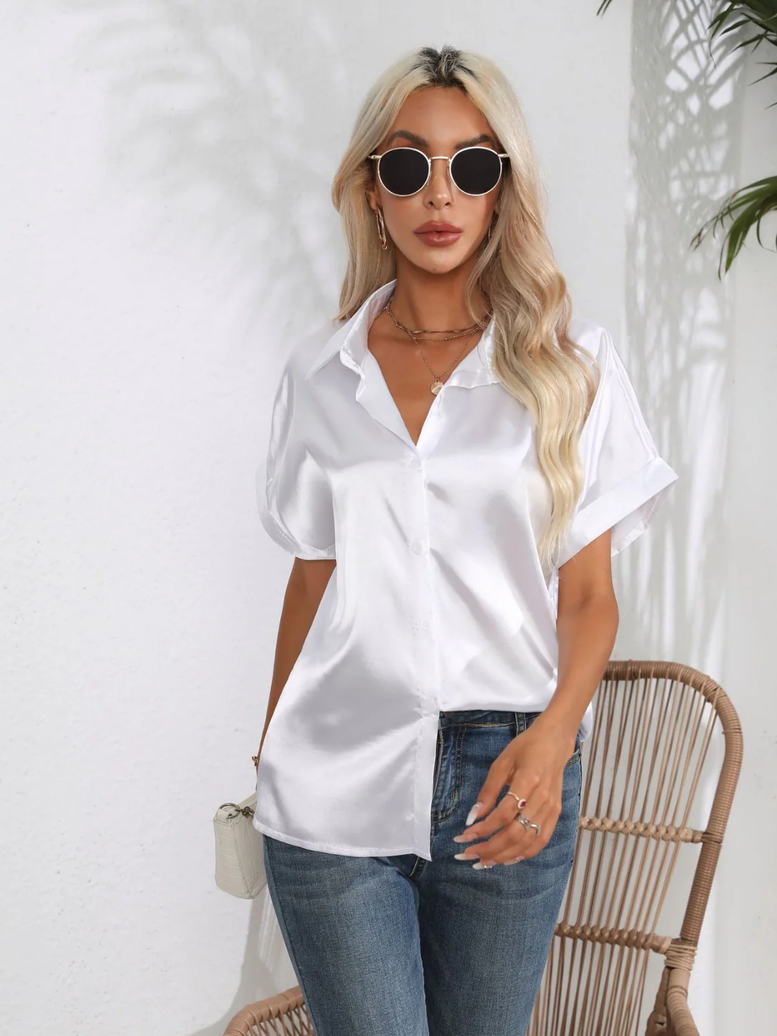 Button Down Collared Neck Short Sleeve Satin Shirt - Image 9