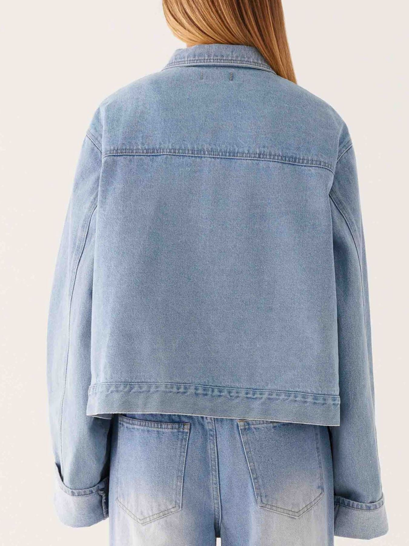 Button Down Cropped Oversized Denim Jacket - Image 12