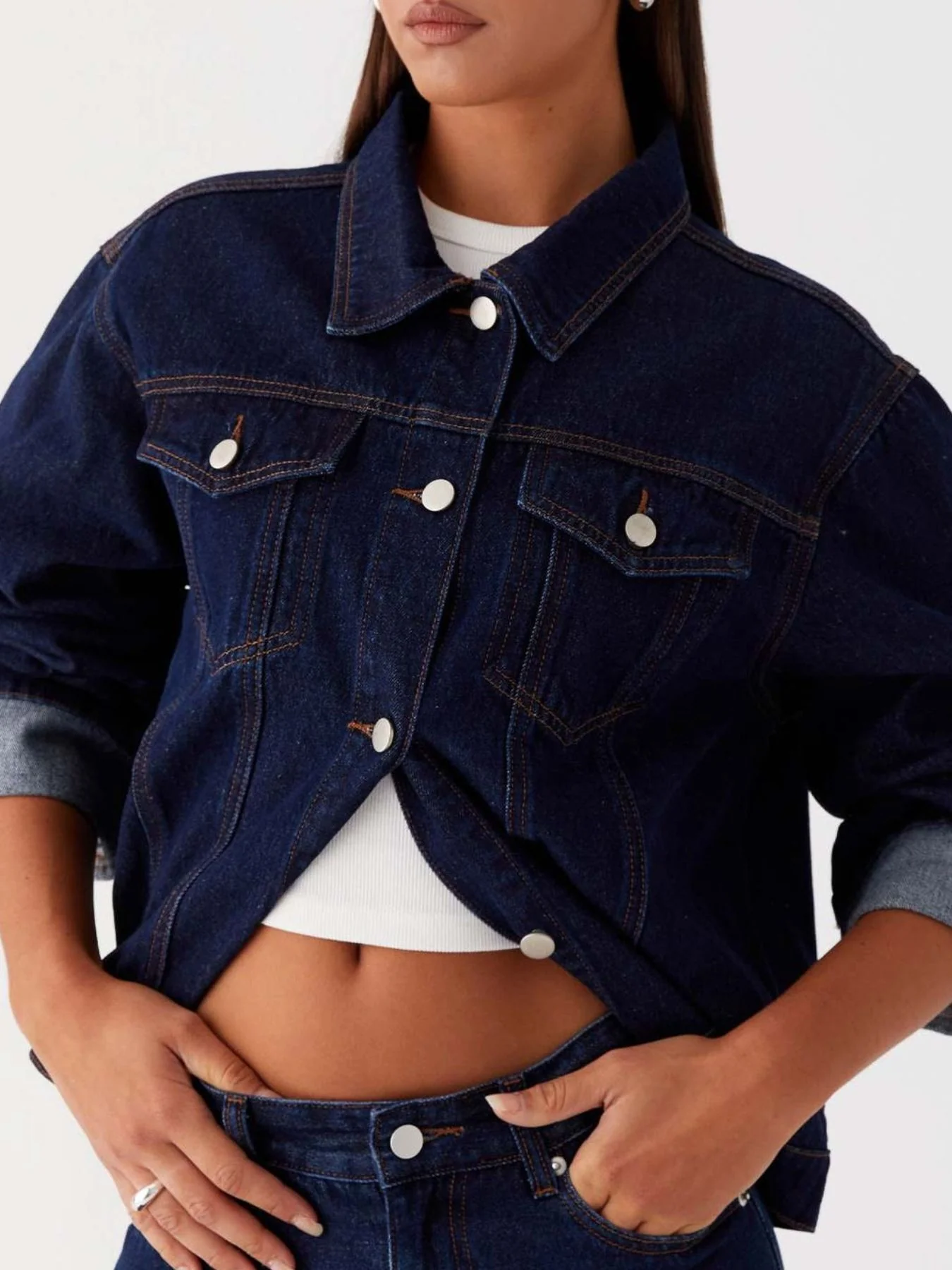 Button Down Cropped Oversized Denim Jacket - Image 15