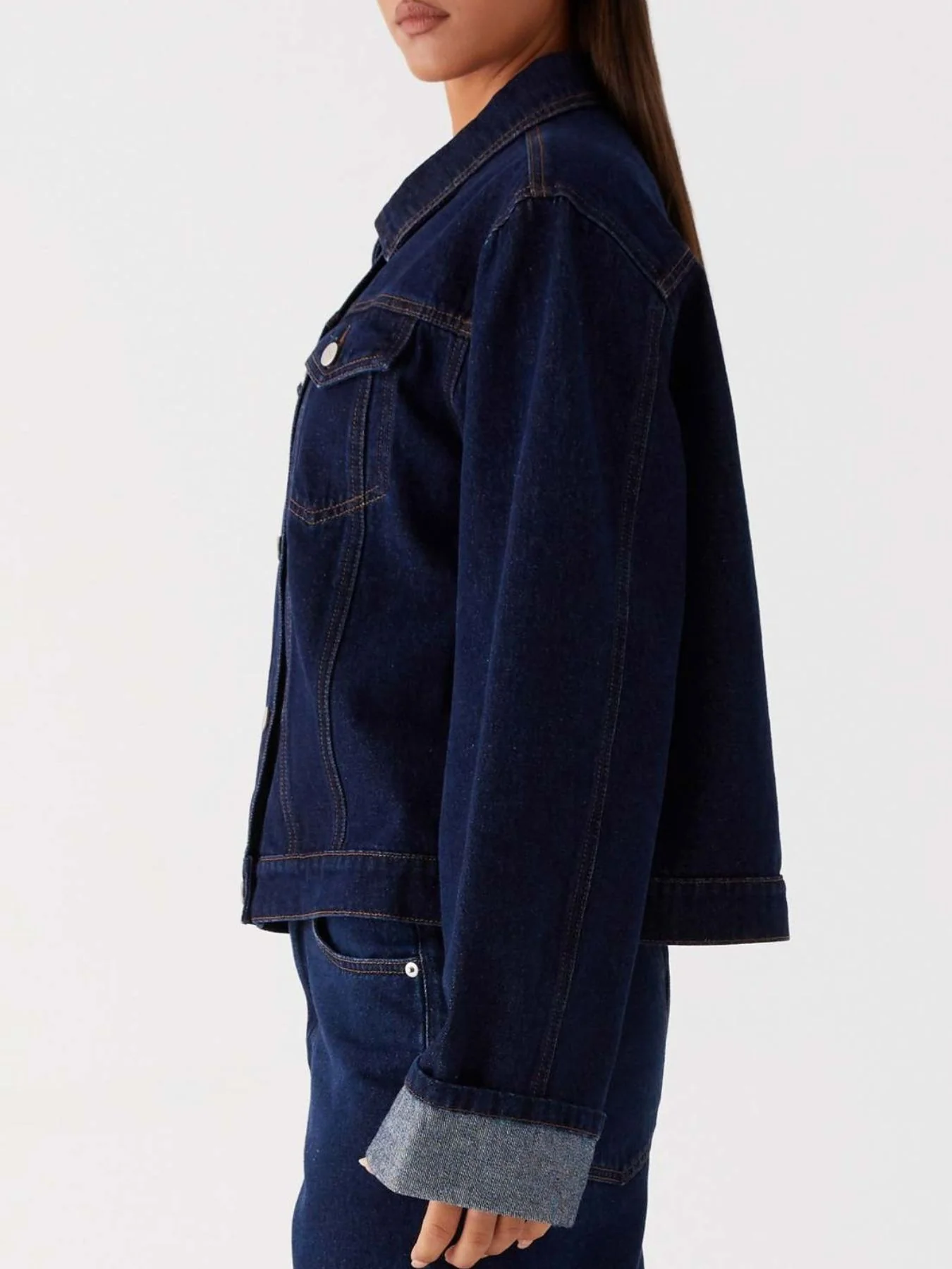 Button Down Cropped Oversized Denim Jacket - Image 17