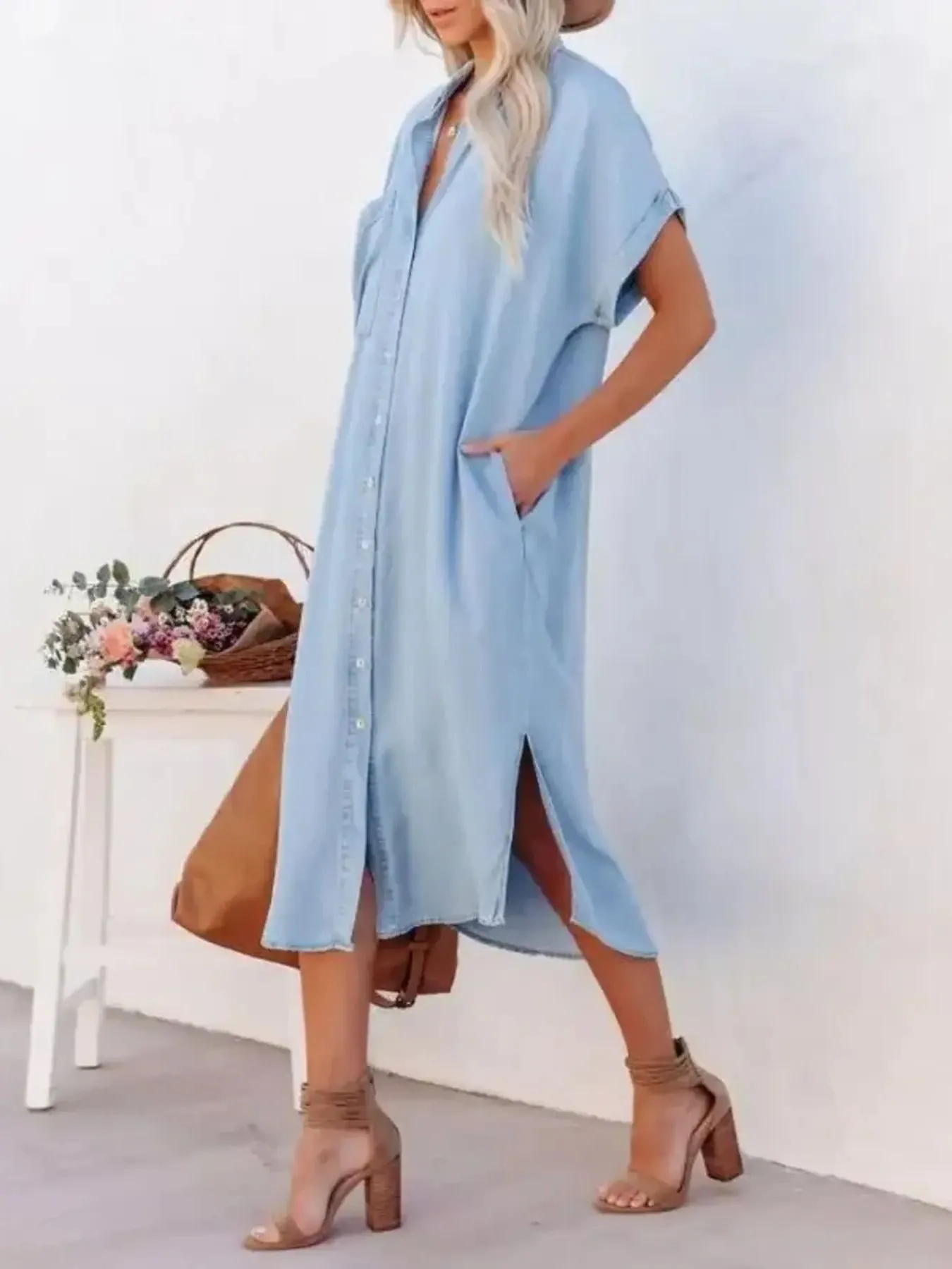 Button Down Denim Midi Shirt Dress - Image 4