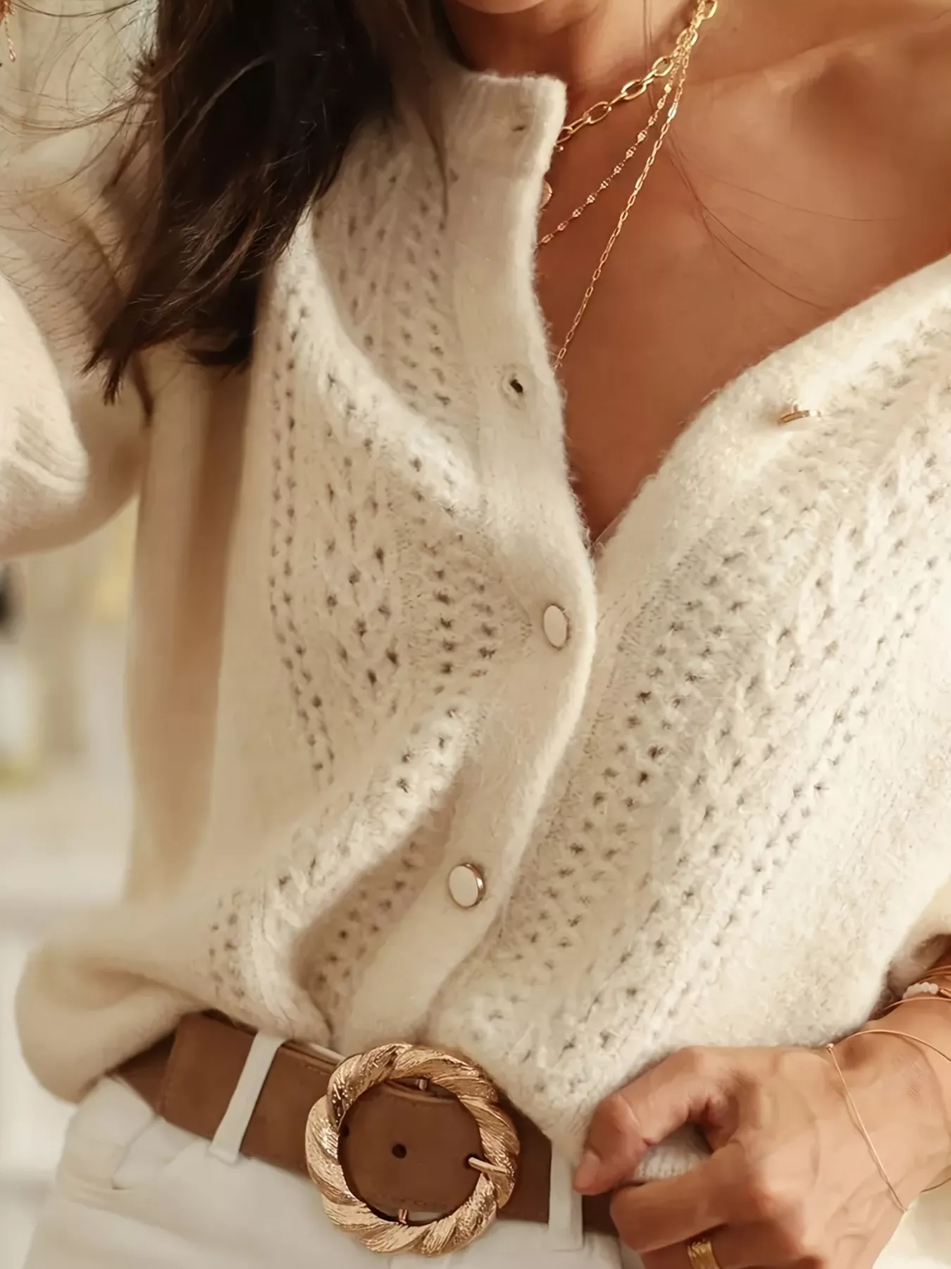 Button-Down Eyelet Long Sleeve Cardigan - Image 3