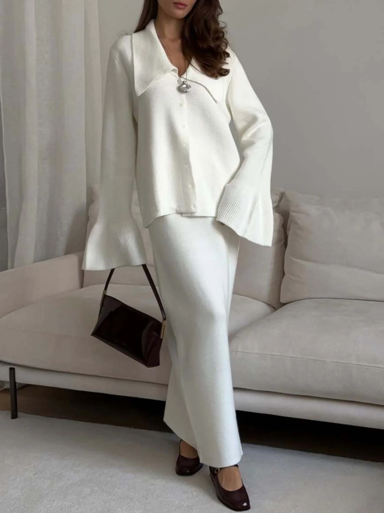 Button Down Long Sleeve Cardigan and Skirt Knit Set - Image 2