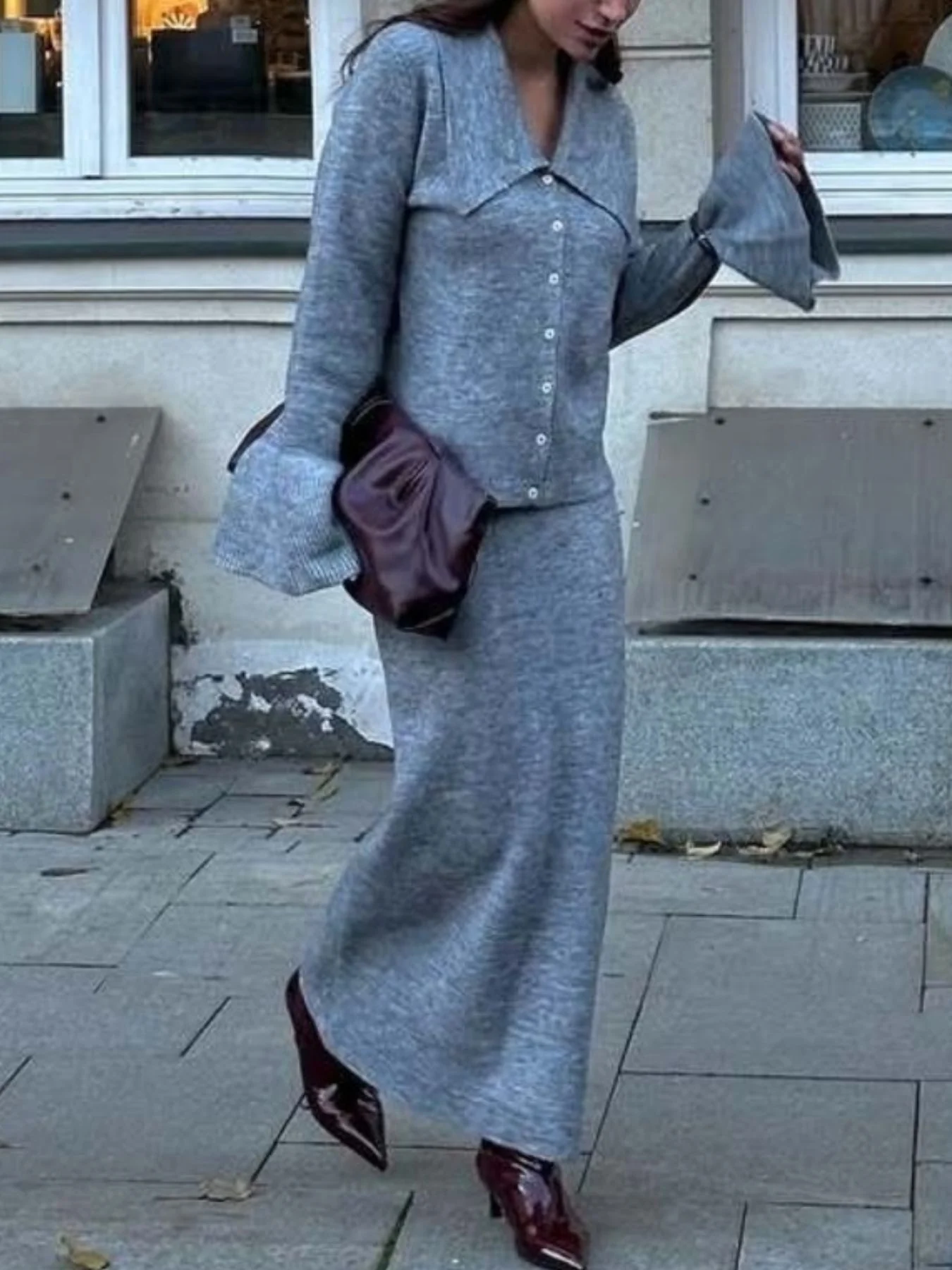 Button Down Long Sleeve Cardigan and Skirt Knit Set - Image 9