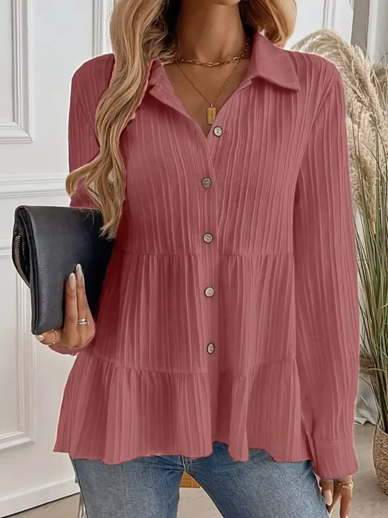 Button-Down Long Sleeve Tiered Shirt - Image 27