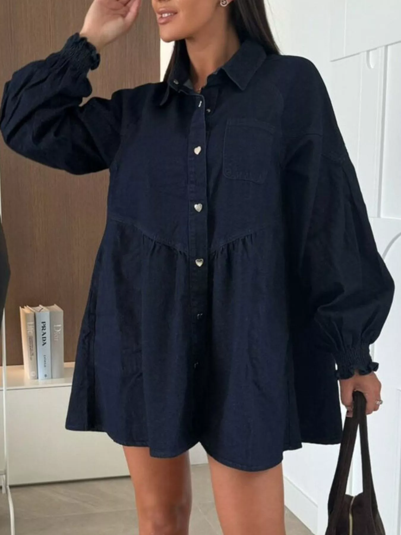 Button Down Mini Denim Dress with Front Pockets - Image 10