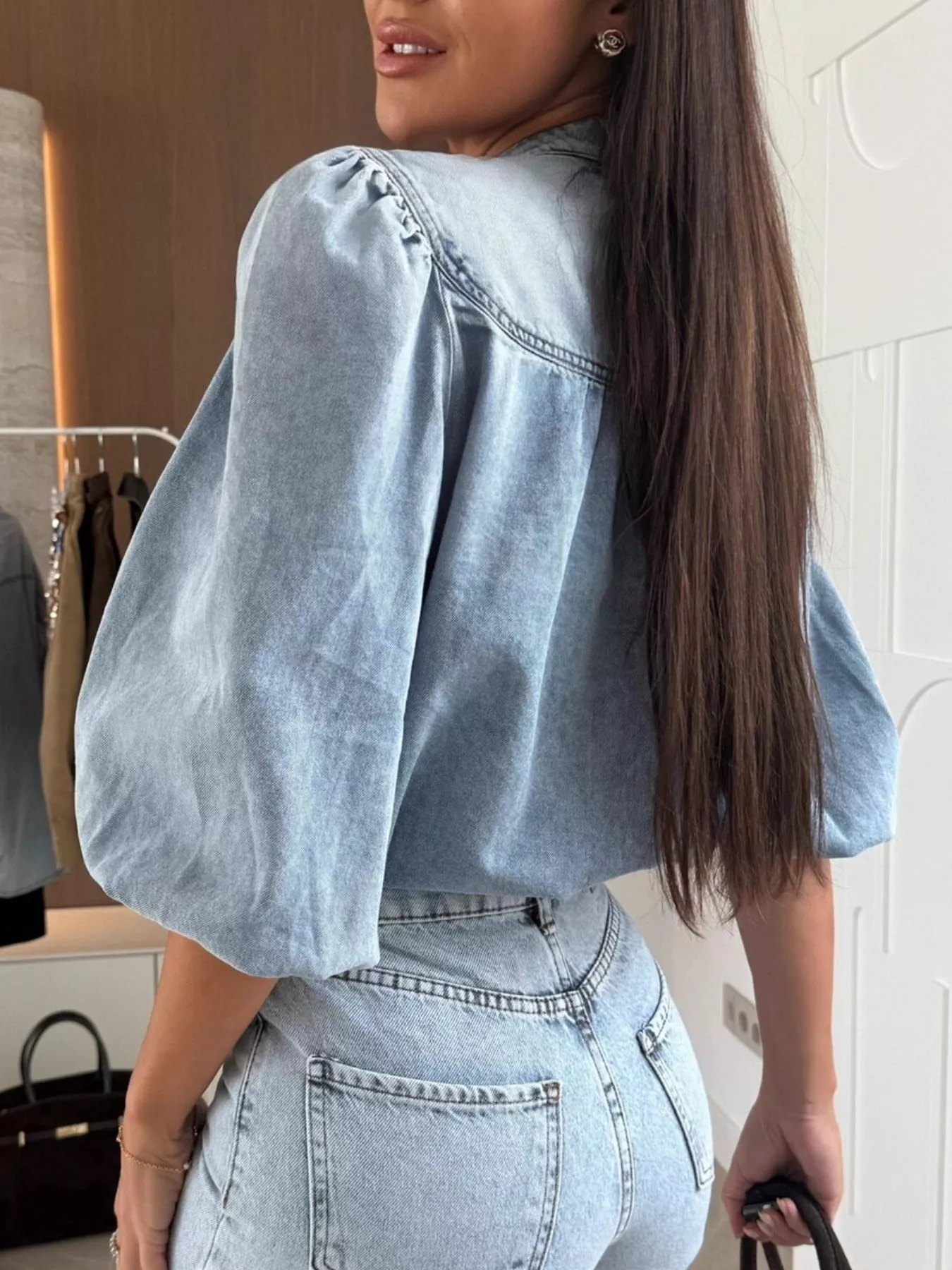 Button-Down Puff Sleeve Denim Top - Image 3