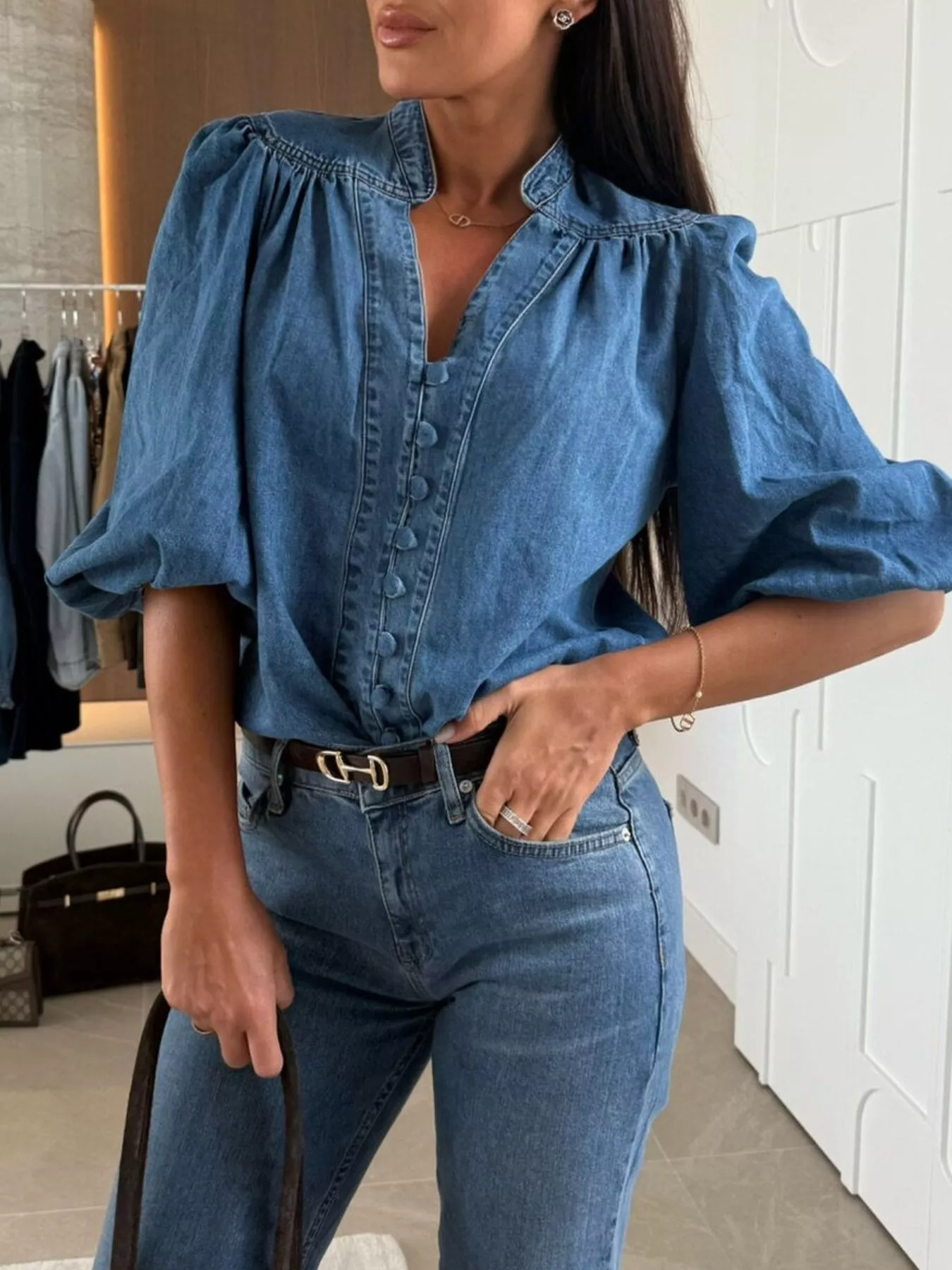 Button-Down Puff Sleeve Denim Top - Image 7