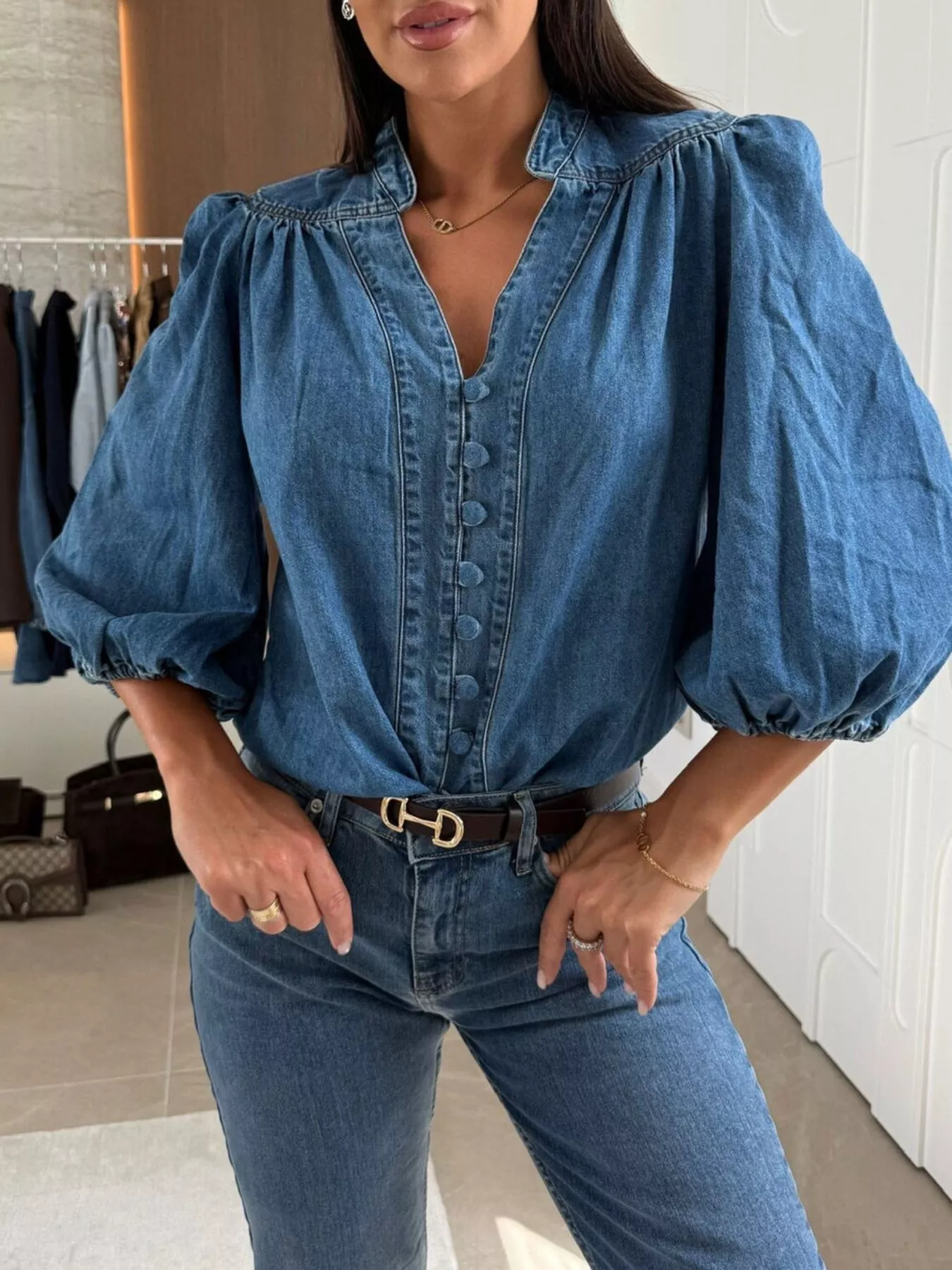 Button-Down Puff Sleeve Denim Top - Image 9