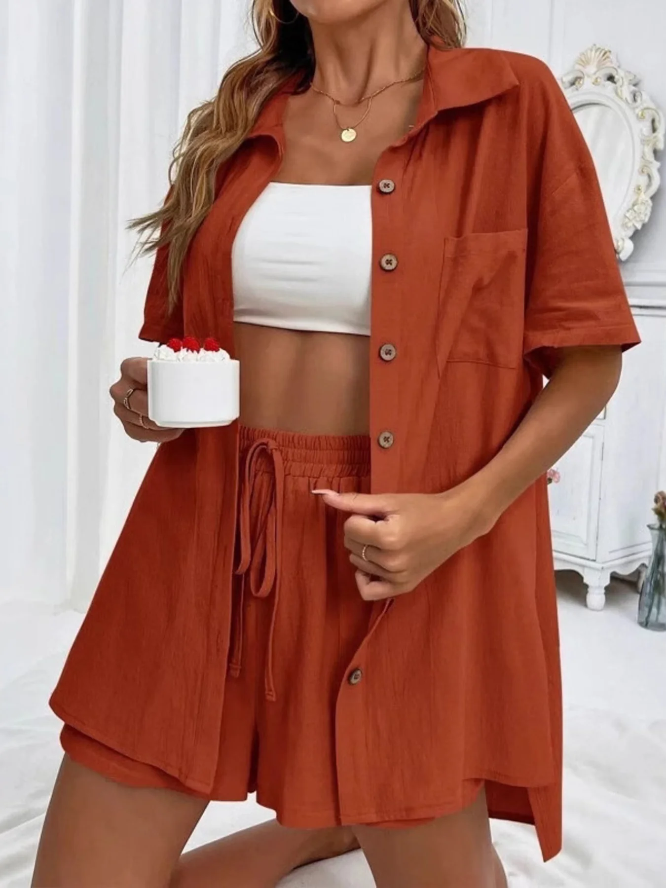 Button Down Shirt and Drawstring Shorts Set - Image 13