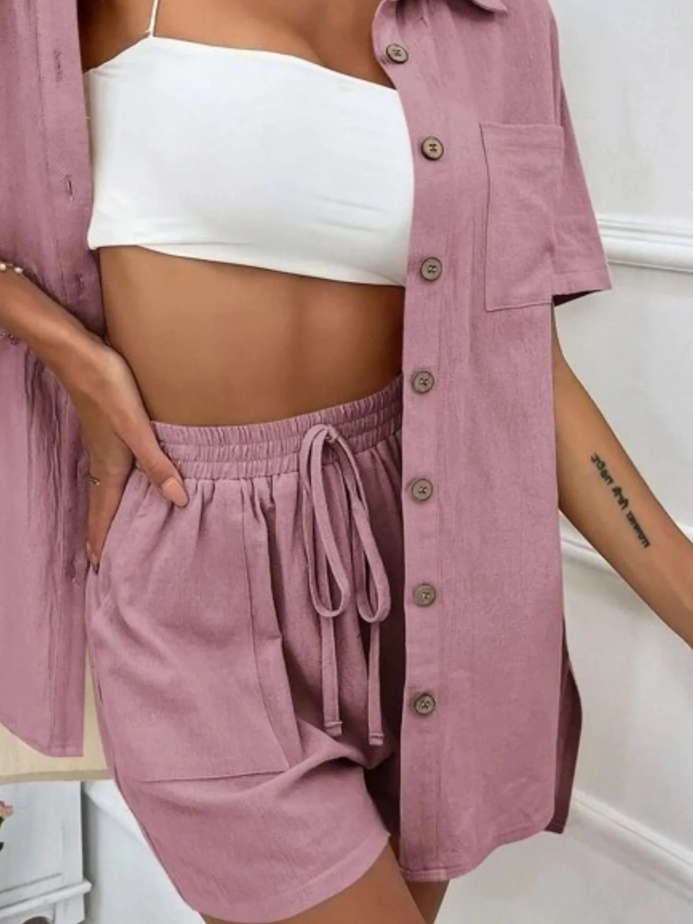 Button Down Shirt and Drawstring Shorts Set - Image 25