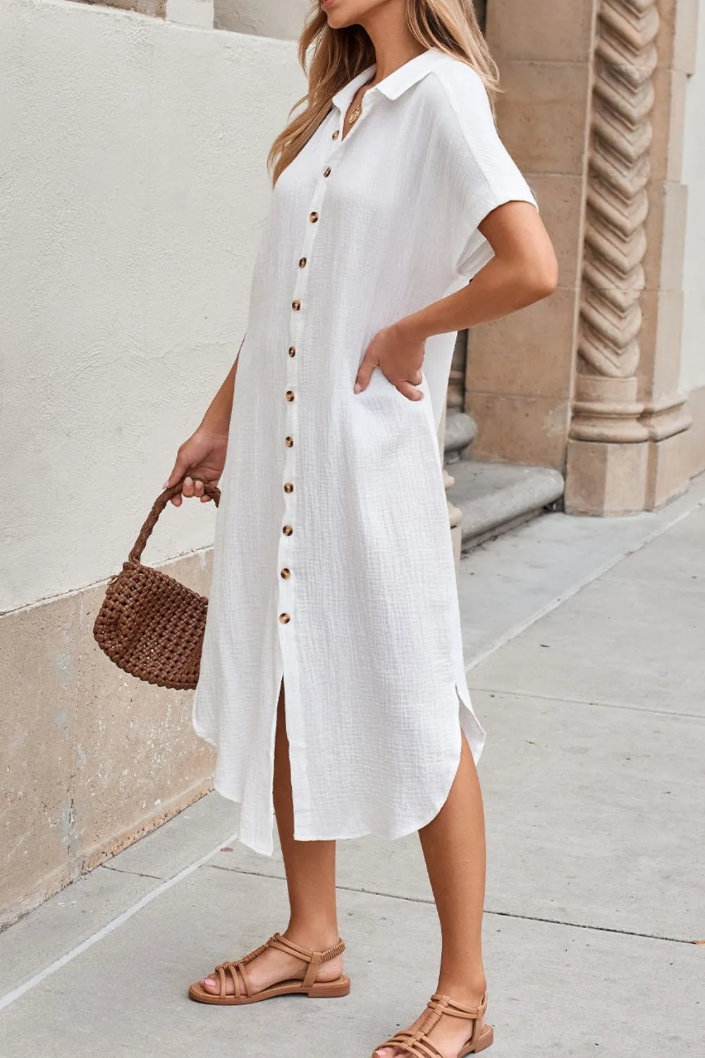 Button Down Short Sleeve Midi Shirt Dress - Image 5