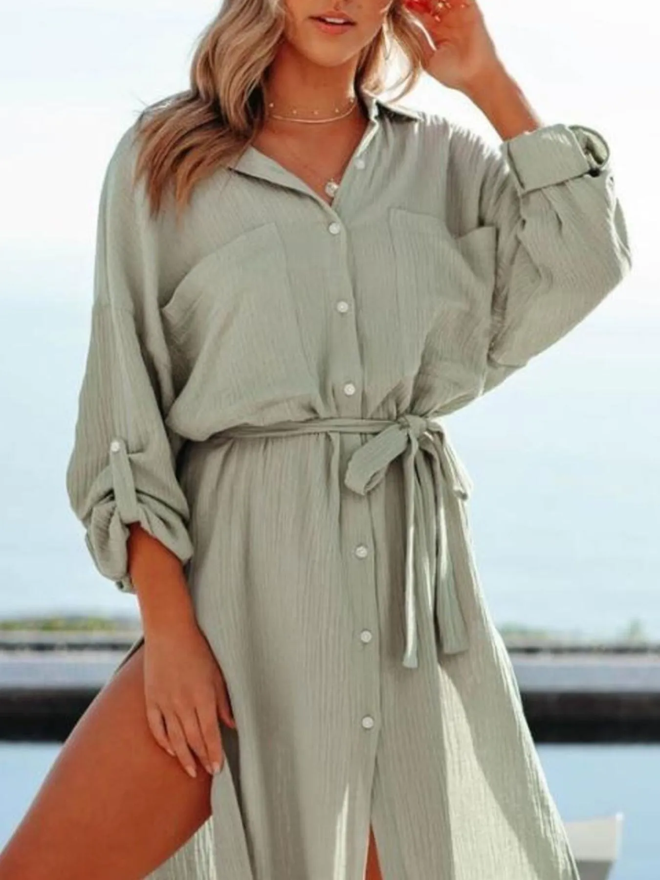 Button Down Tie Waist Shirt Dress - Image 6