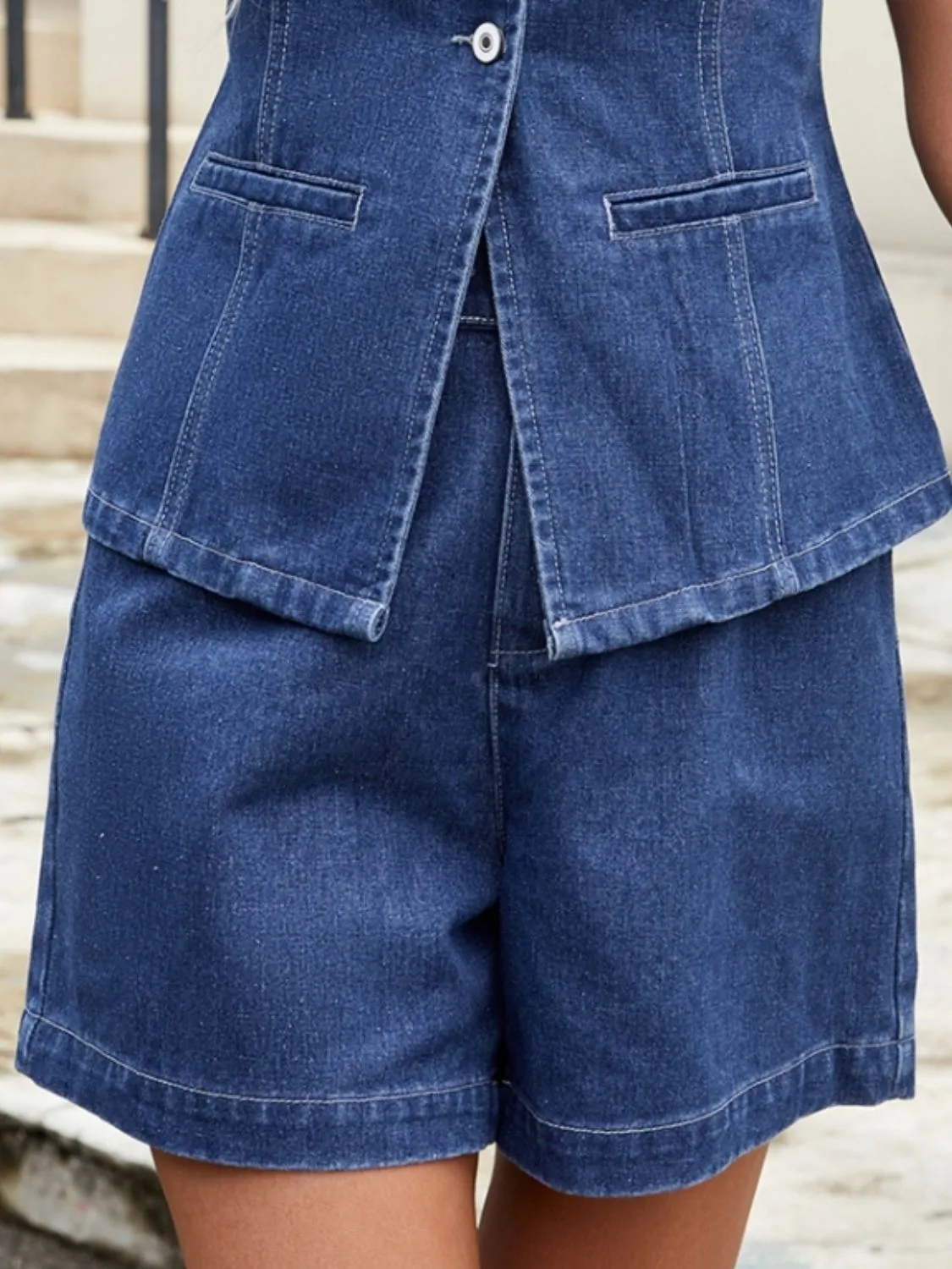 Button Down Vest and Shorts Denim Set - Image 19