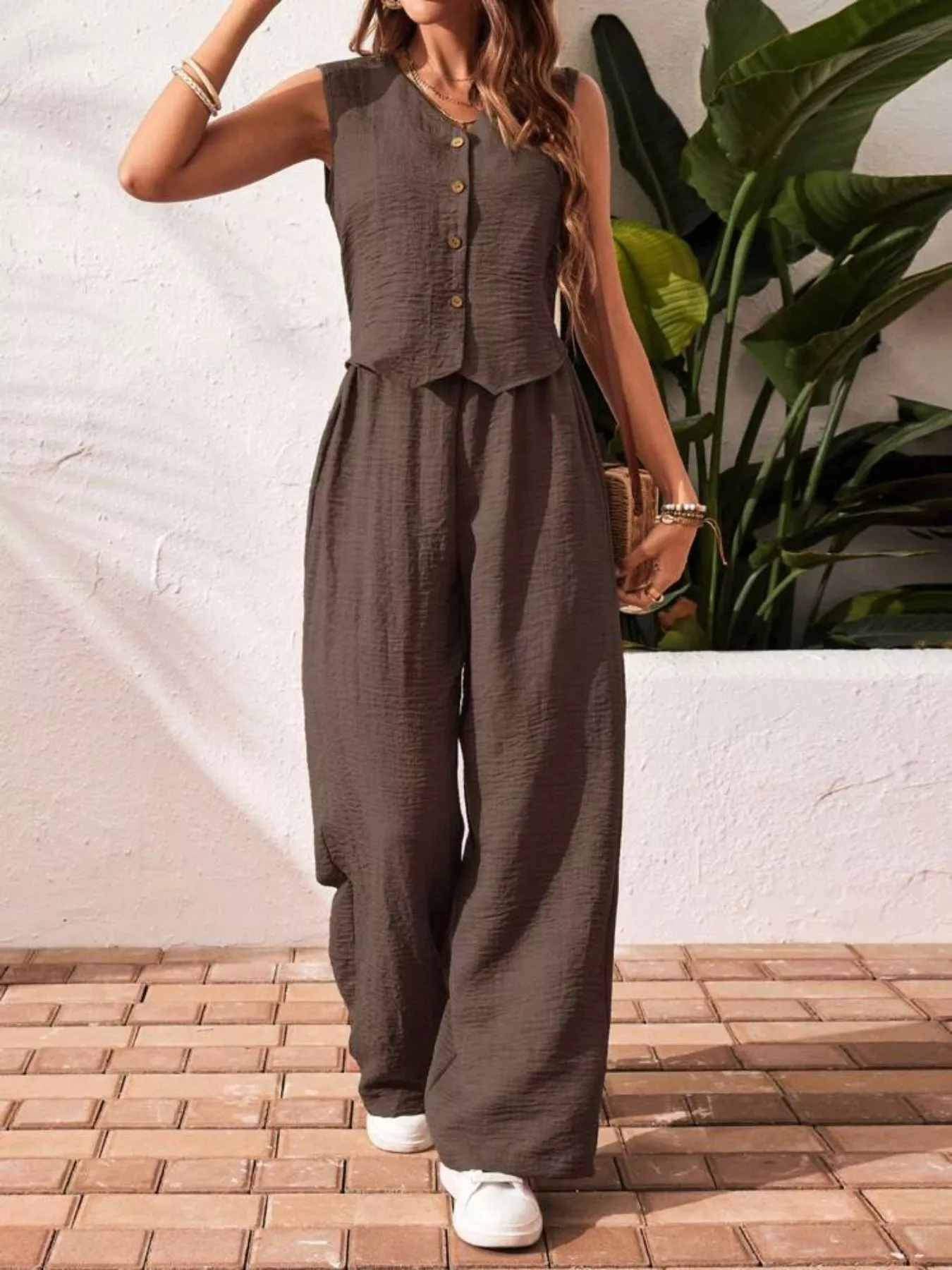 Button-Down Vest & Wide Leg Pants Set