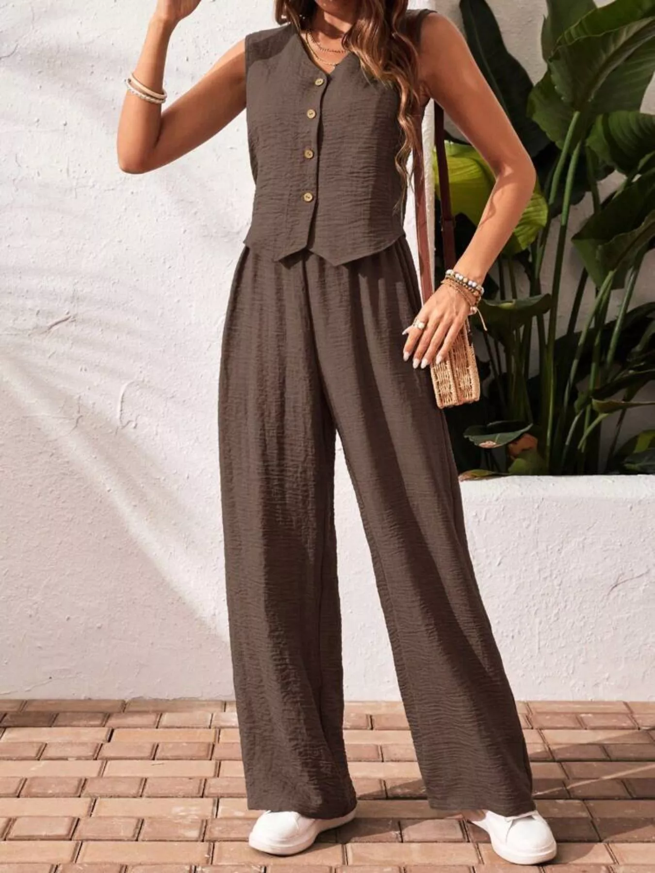 Button-Down Vest & Wide Leg Pants Set - Image 2