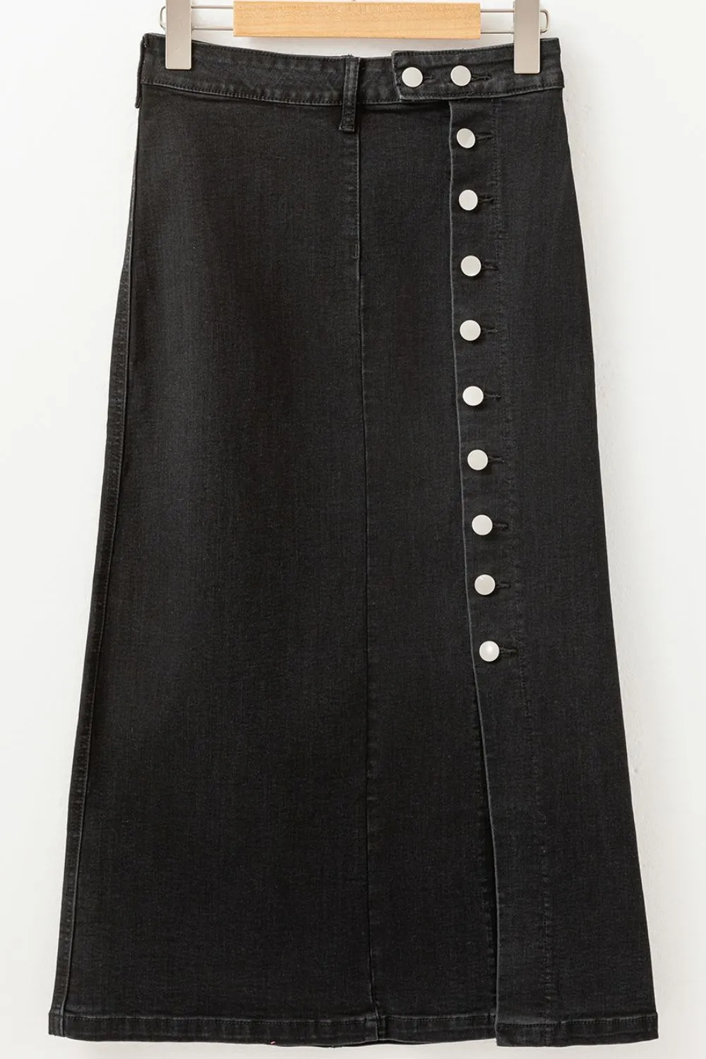 Button Fly Side Split Denim Midi Skirt - Image 9