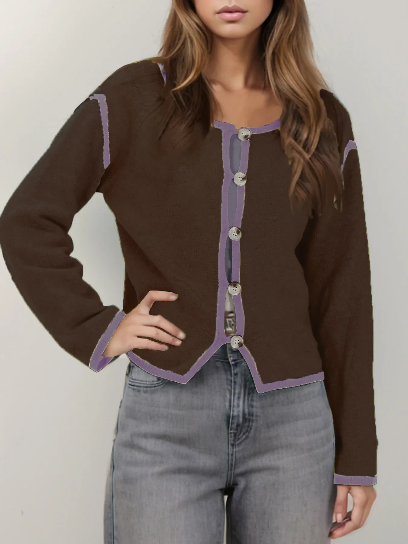 Button-Front Cardigan with Contrast Trim - Image 4
