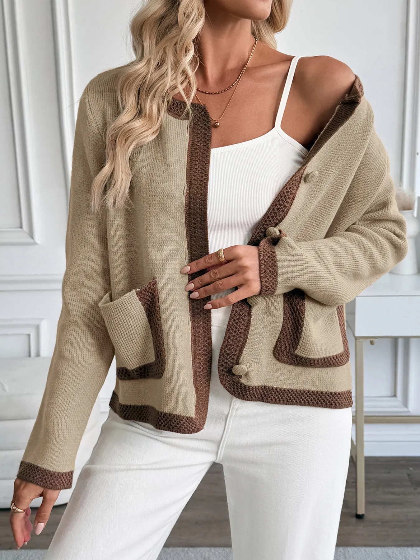 Button-Front Cardigan with Contrast Trim - Image 5