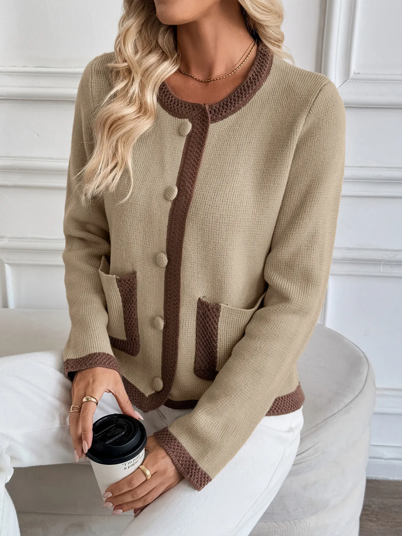Button-Front Cardigan with Contrast Trim - Image 6