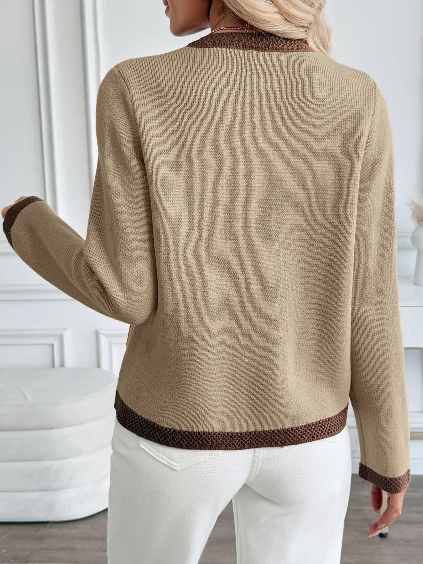 Button-Front Cardigan with Contrast Trim - Image 7