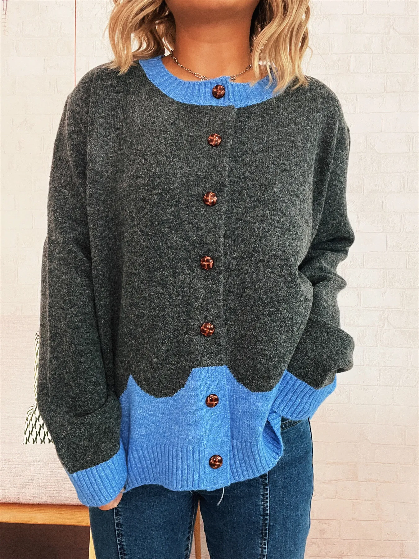 Button-Front Contrast Trim Cardigan - Image 11