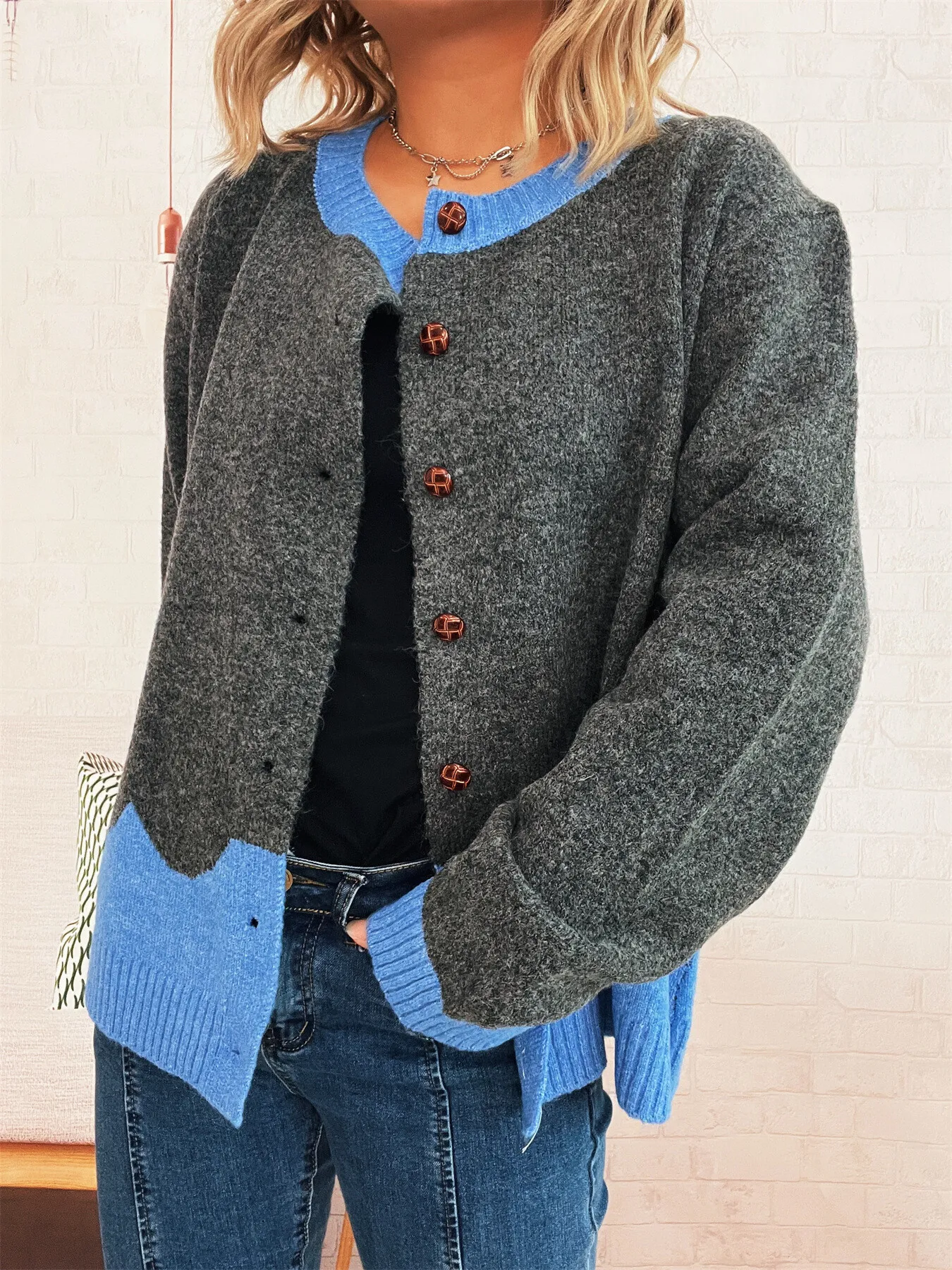 Button-Front Contrast Trim Cardigan - Image 13