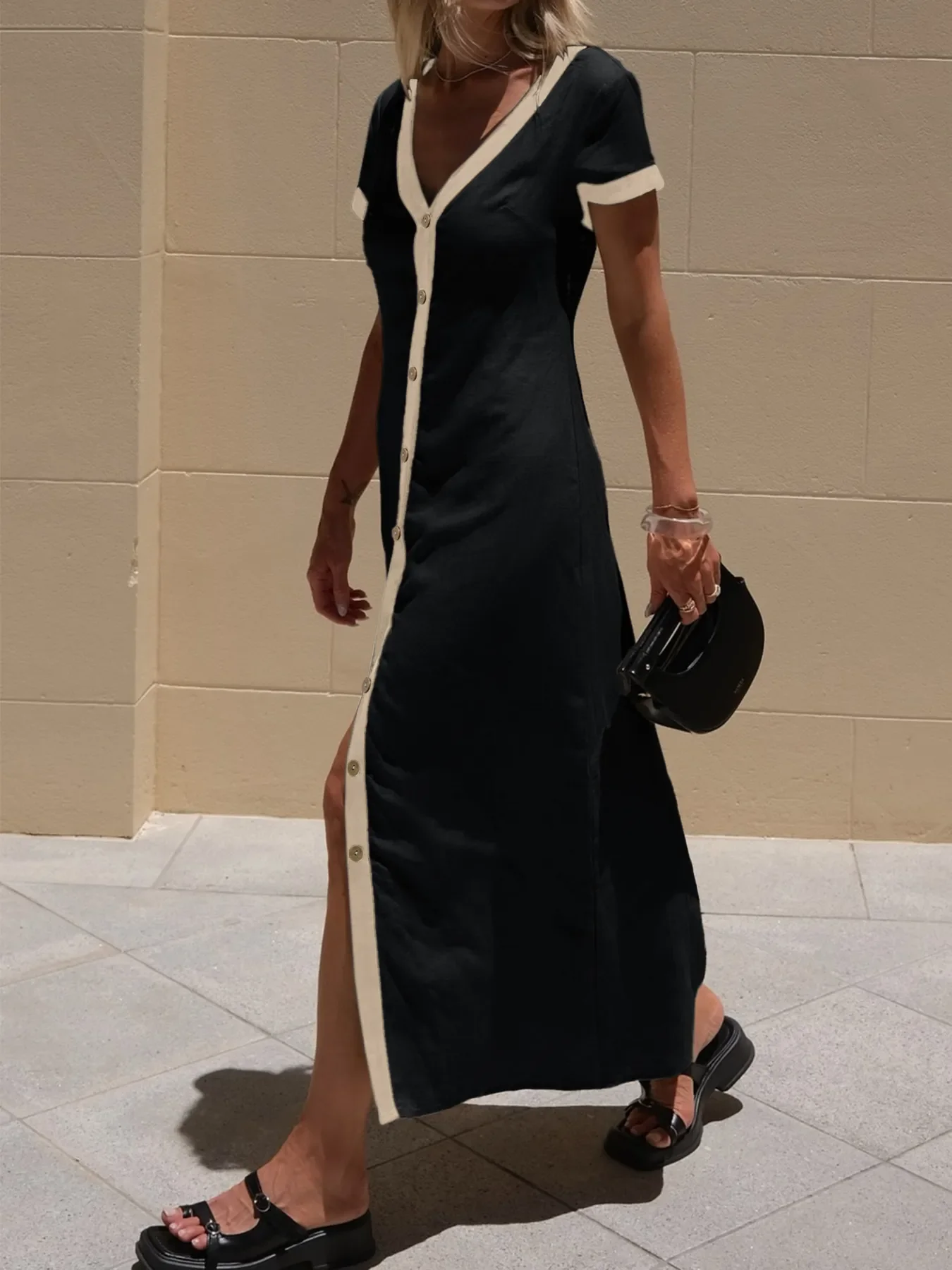 Button-Front Contrast Trim Midi Dress - Image 12