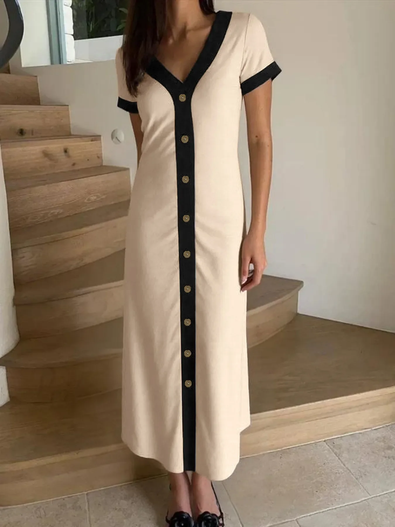 Button-Front Contrast Trim Midi Dress - Image 2