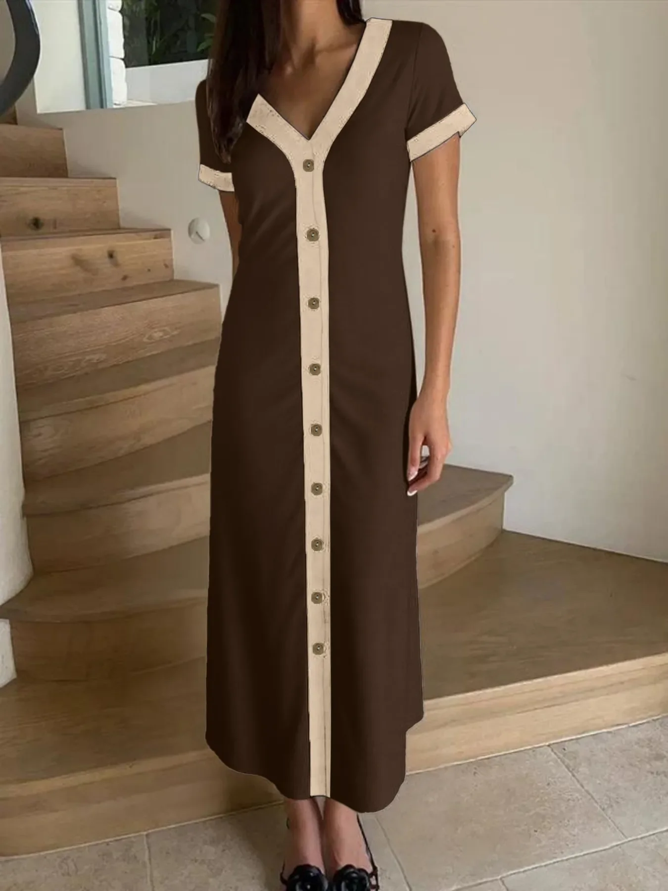 Button-Front Contrast Trim Midi Dress - Image 20