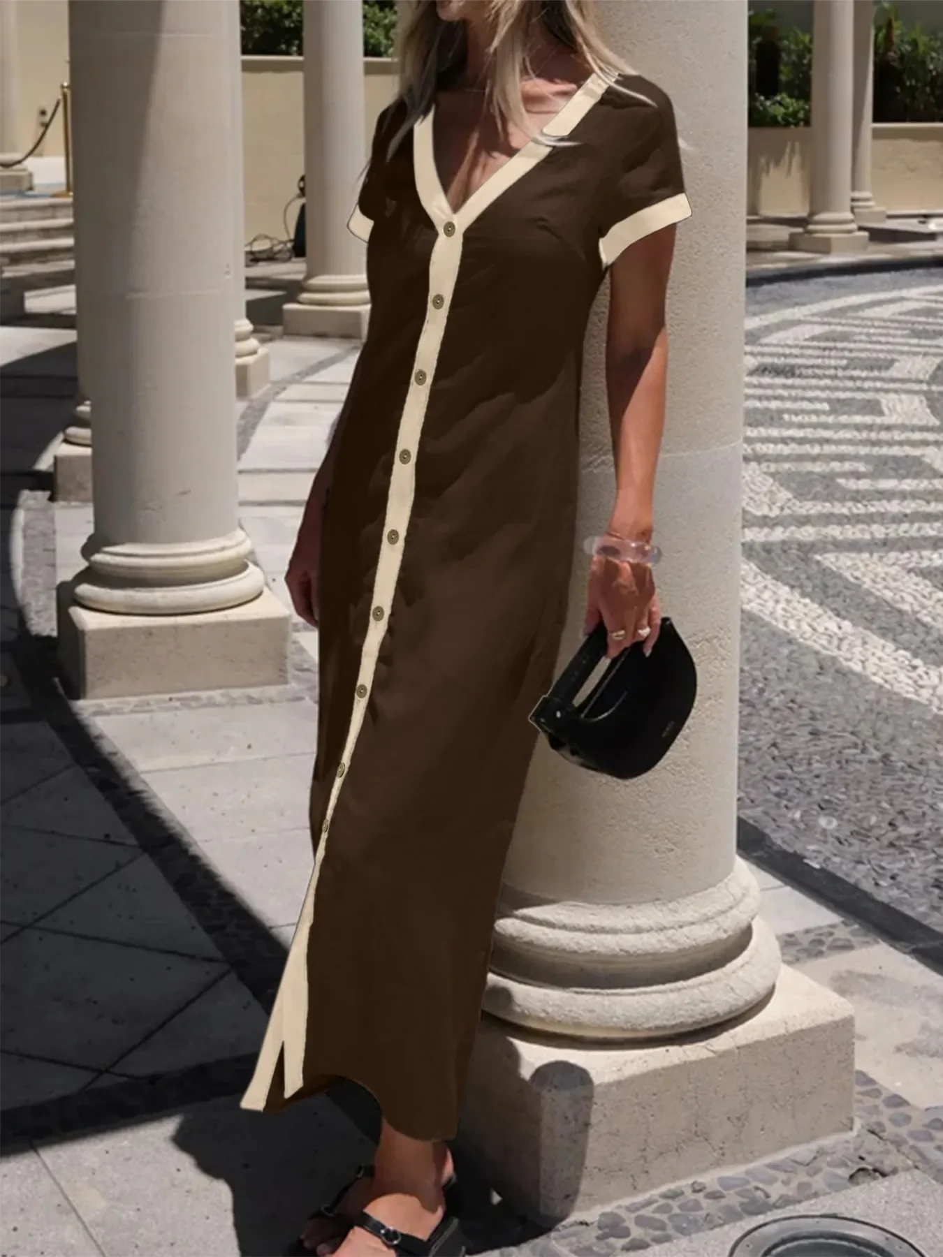 Button-Front Contrast Trim Midi Dress - Image 24